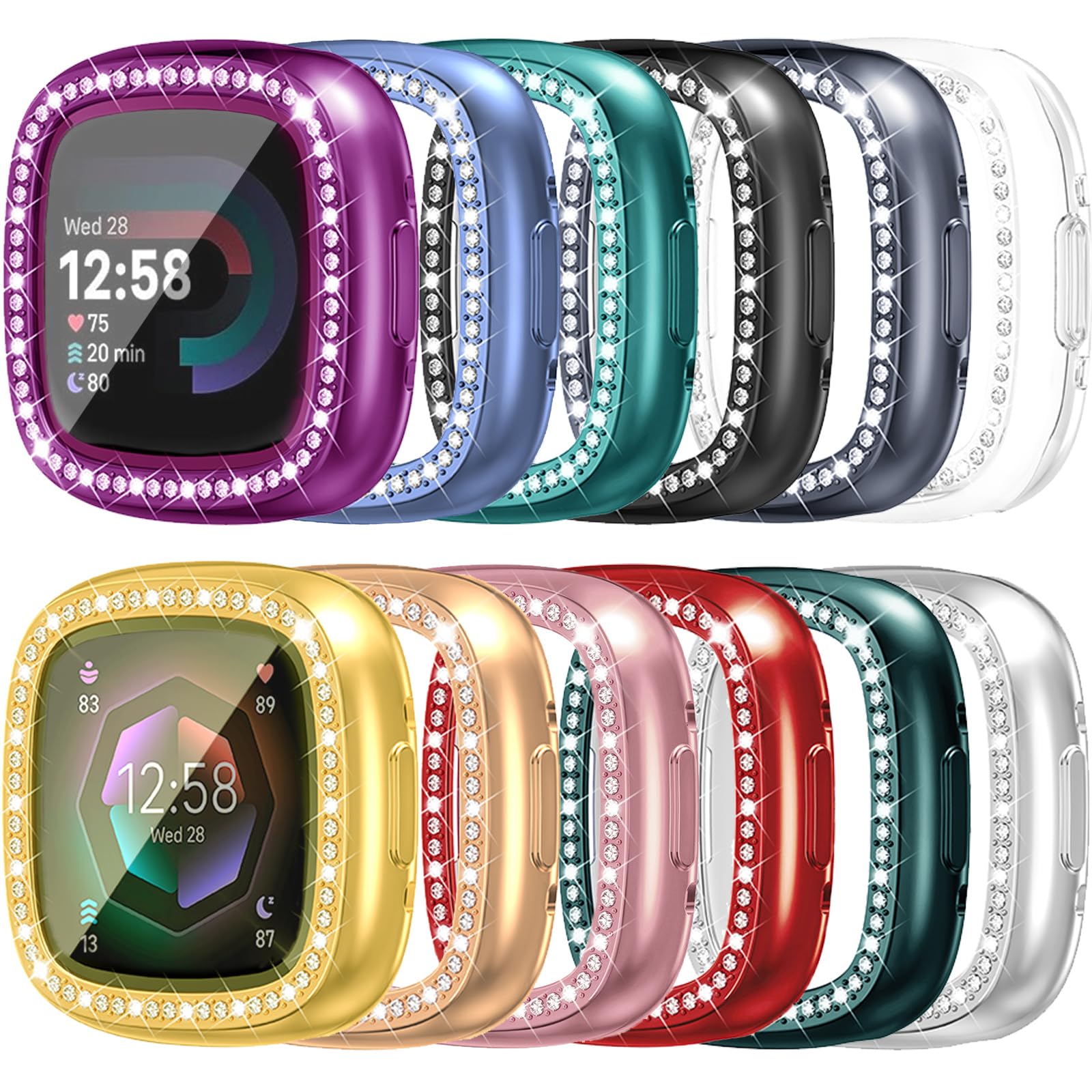 12-Pack RICHONE Fitbit Versa 4/Sense 2 Protective Case with Screen Protector - Sparkly Rhinestone TPU Cover, Bling Crystal Diamond Design for Women & Men | Gym, Workout, Office & Daily Wear Protection