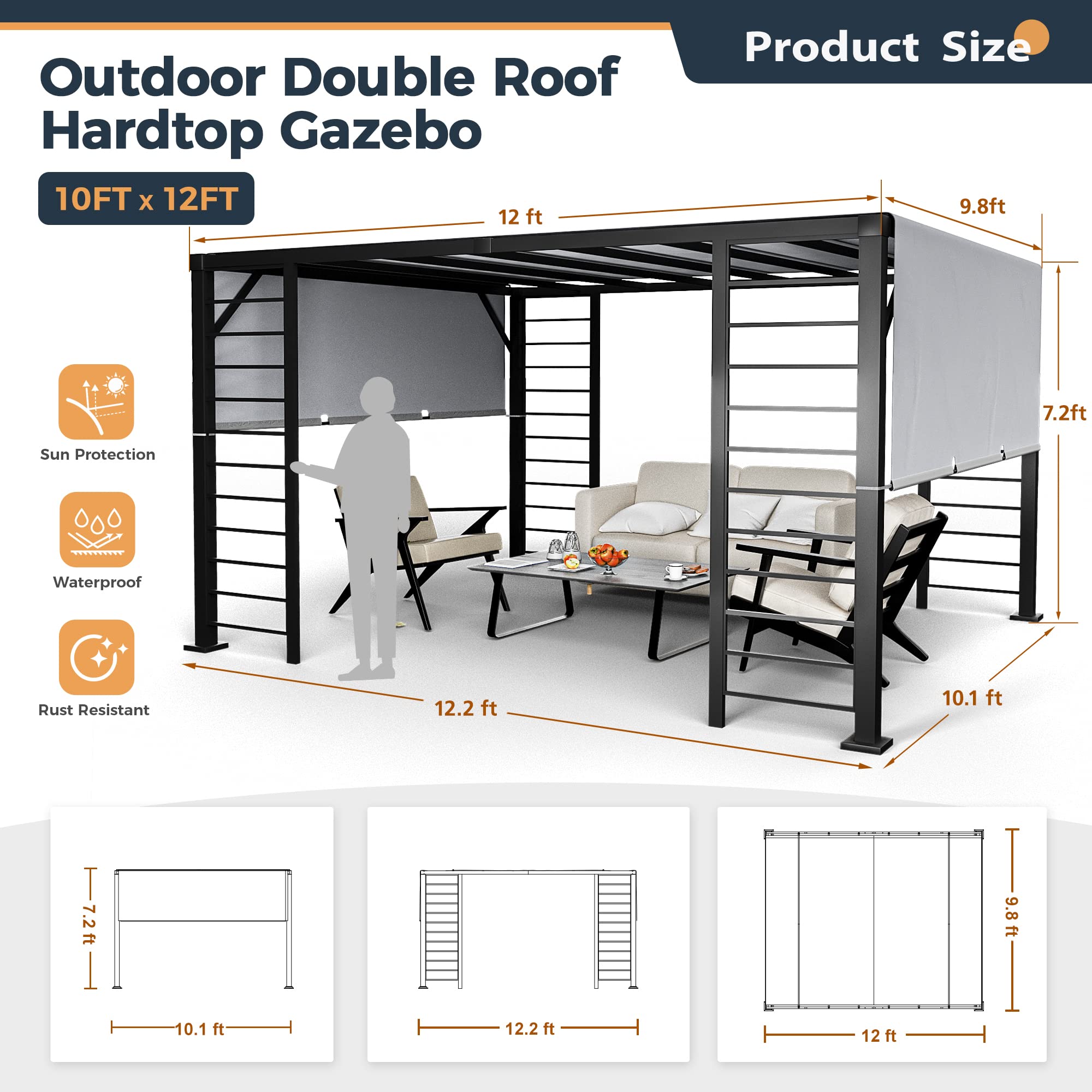 HAPPATIO 10' X 12' Retractable Pergola with Sun Shade Canopy - Aluminum Frame Outdoor Patio Cover for Backyard, Garden, Deck - Grey (Perfect for Shading, Lounging & Outdoor Entertaining)
