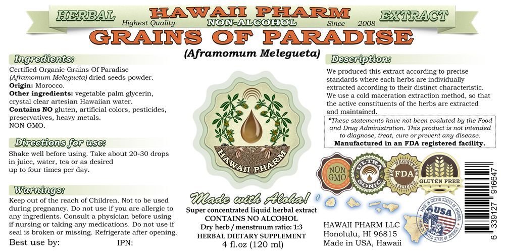 Premium Alcohol-Free Grains of Paradise Liquid Extract (Aframomum Melegueta) - Natural Herbal Glycerite Supplement by Hawaii Pharm - 4x4 oz - Perfect for Cooking, Baking & Herbal Remedies