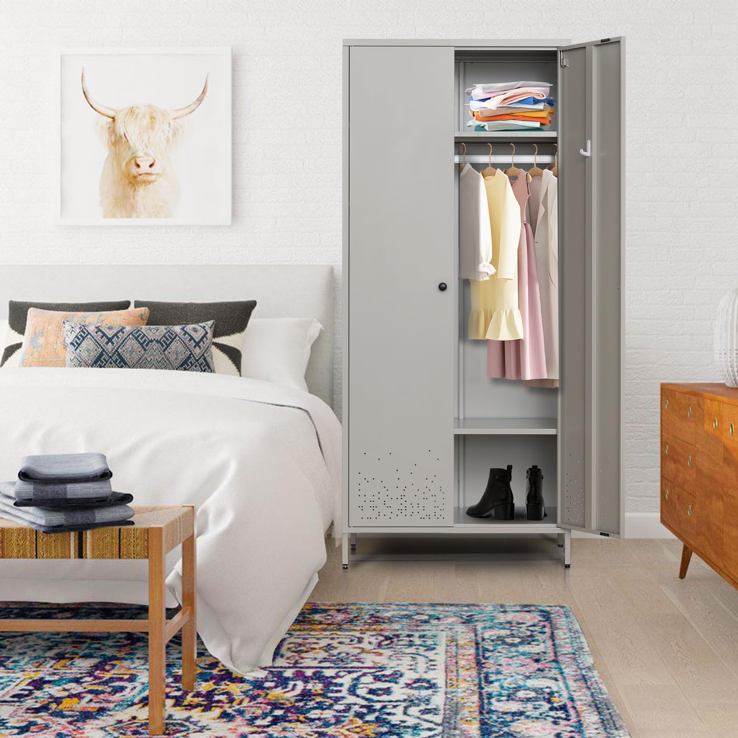 Metal Wardrobe Cabinet with Hanging Rod - Space Saving Closet Organizer for Bedroom & Laundry Room - Durable Storage Armoire in Gray | Perfect for Small Spaces, Apartments & Dorm Rooms