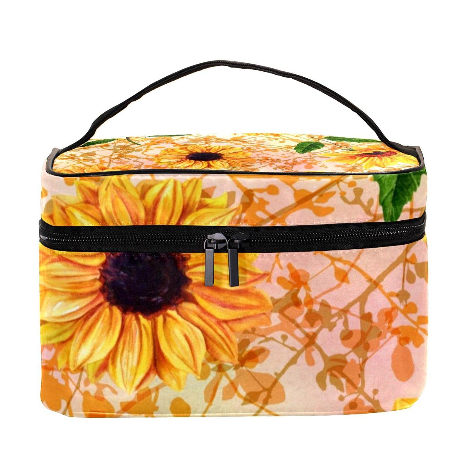 **Large Yellow Sunflower Makeup Bag with Green Leaves - Travel Cosmetic Organizer Case with Zipper for Women & Girls - Perfect for Toiletries, Travel, and Daily Use**