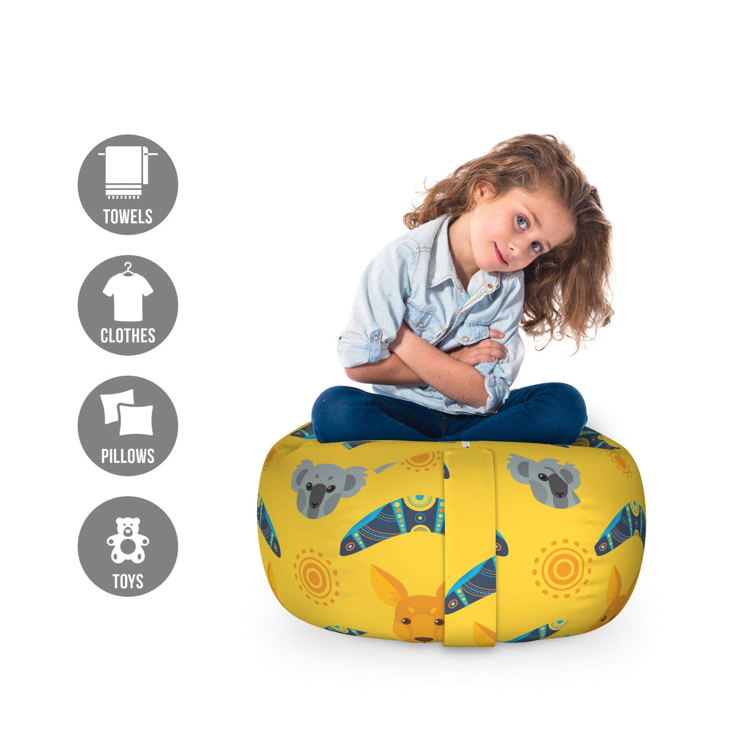 Ambesonne Kangaroo Storage Toy Bag Chair - Australian Aboriginal Pattern with Boomerang & Koala Bear - Washable Stuffed Animal Organizer - Small Multicolor - Perfect for Kids' Room, Nursery & Playroom Organization