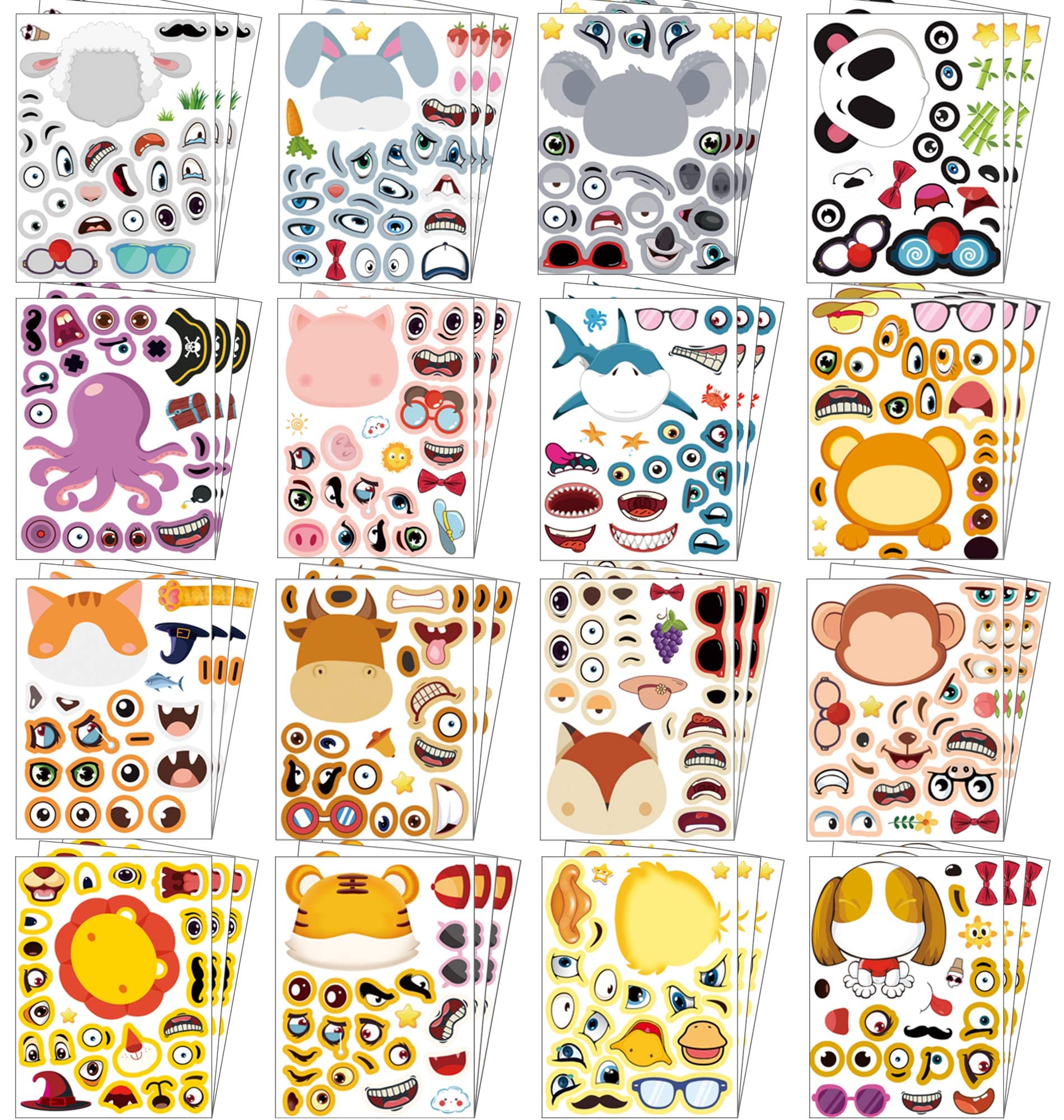 48 Sheets DIY Animal Face Stickers - Mix and Match Stickers for Kids Crafts, Party Favors, Scrapbooking & Classroom Activities (16 Fun Designs) - Creative Play, Gift Giving & Art Projects