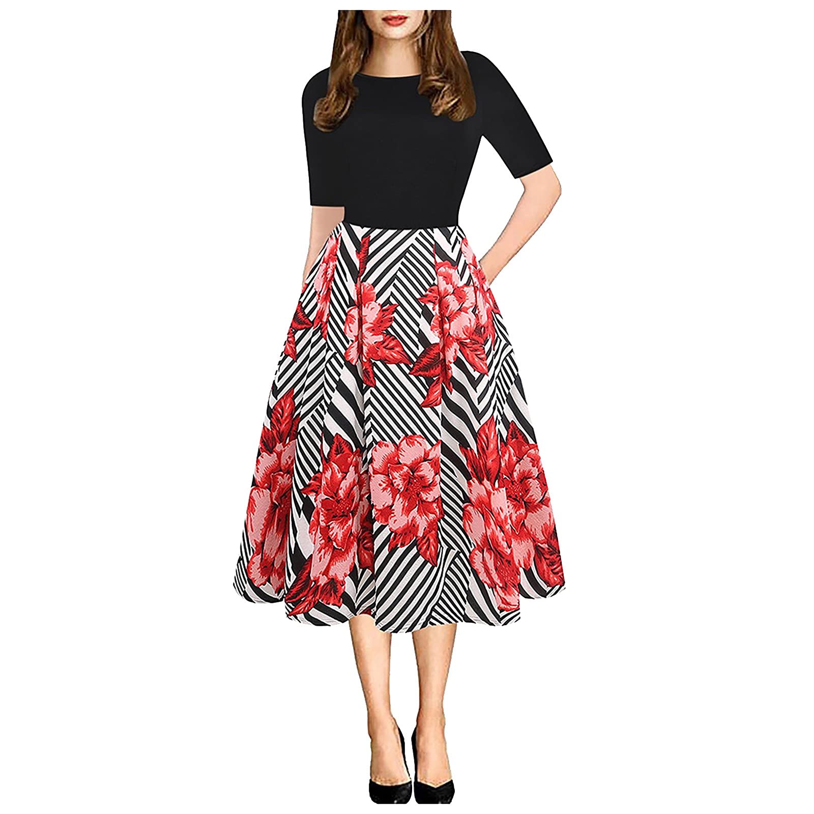 LINKIOM Women's Summer Dress - Short Sleeve Princess Style Floral Print Fold Hem Casual Sundress for Beach, Party & Daily Wear