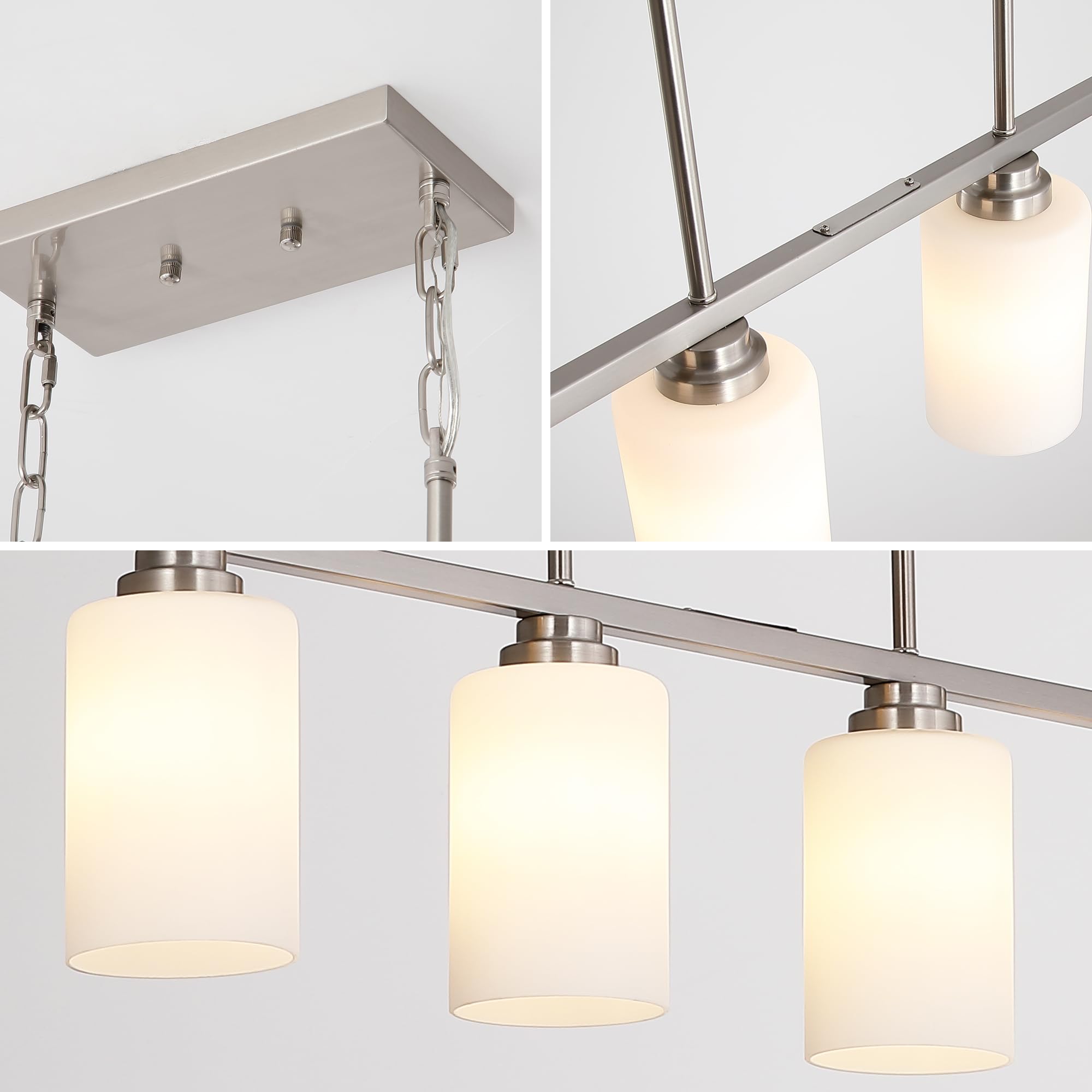 Brushed Nickel 4-Light Linear Chandelier Pendant Lighting with Milk Glass Shade - Modern Island Light Fixture for Kitchen, Dining Room & Living Room - Perfect Over Table, Kitchen Island & Dining Table Areas