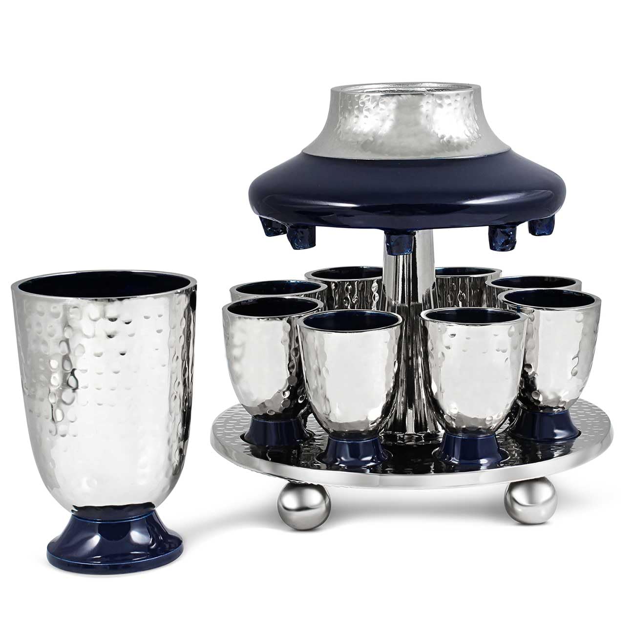 Zion Judaica Shabbat Blue Enamel Kiddush Cup & Wine Fountain Set - 7.5 oz Hammered Metal Goblet with 8 Mini 1.2 oz Stemmed Shot Cups - Perfect for Shabbat, Passover, Holidays & Pesach Seder Table Decor - Elegant Jewish Ceremonial Wine Set for Home Celebrations