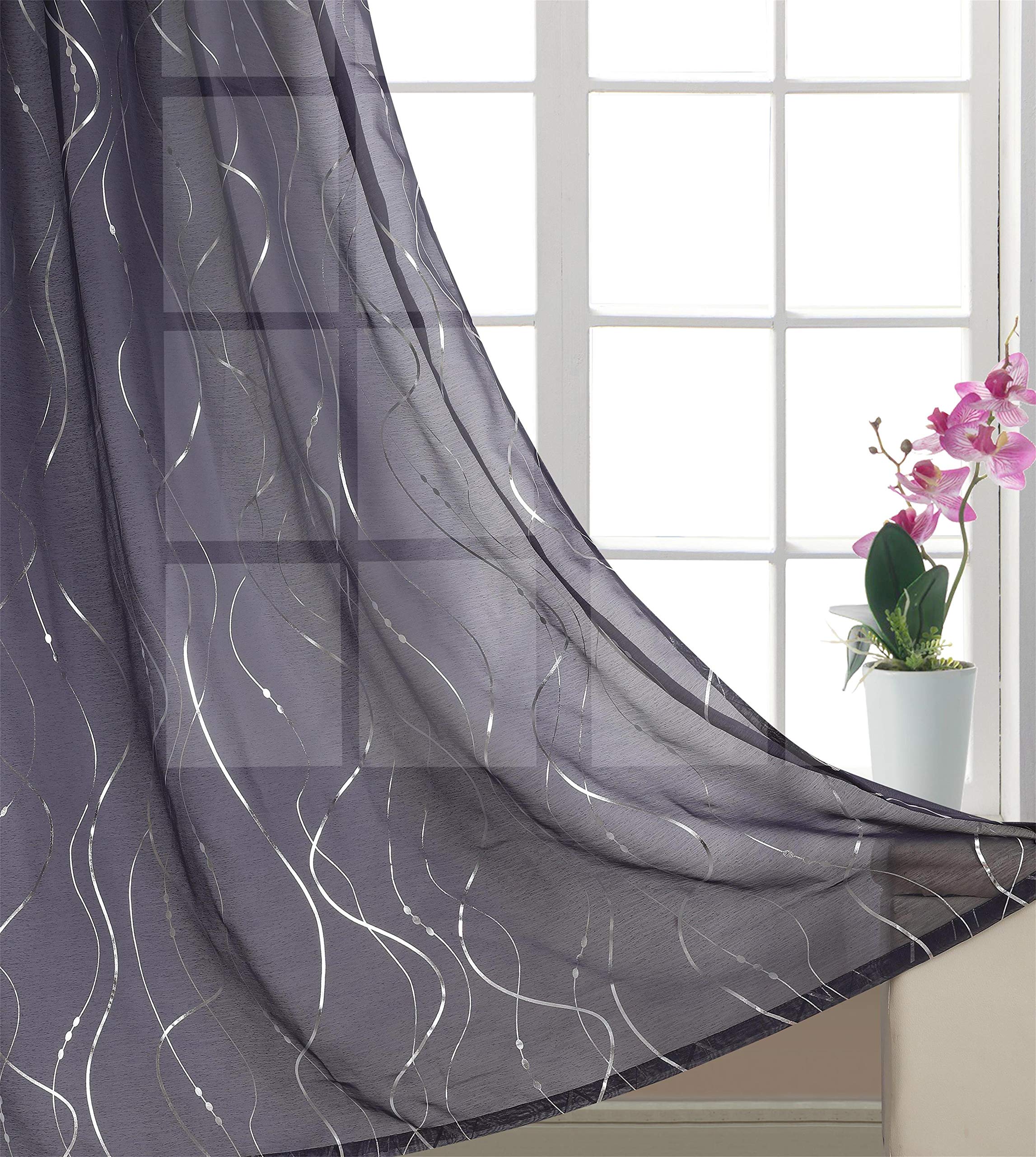 Gold Dandelion Silver Wave Line Print Blackout Curtains - Grey Glitter Dot Window Drapes for Living Room & Bedroom - 63 Inch Long Soft Sheer Panels (Set of 2) with Eyelet/Ring Top - Perfect for Privacy, Light Filtering & Home Decor