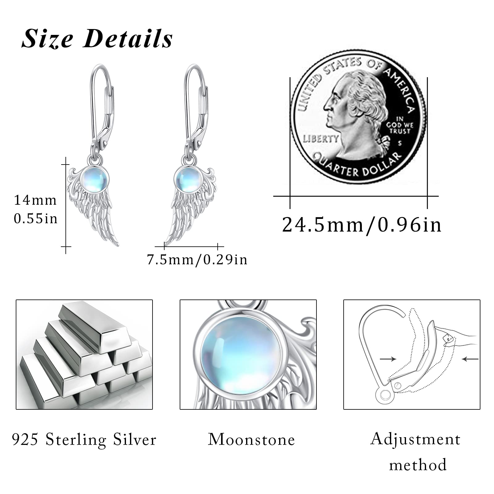 925 Sterling Silver Angel Wing Feather Earrings for Women - Hypoallergenic Moonstone Dangle Drop Earrings with Hook | Sensitive Ear Safe Jewelry Gift for Girls & Women | Perfect for Weddings, Parties & Everyday Wear