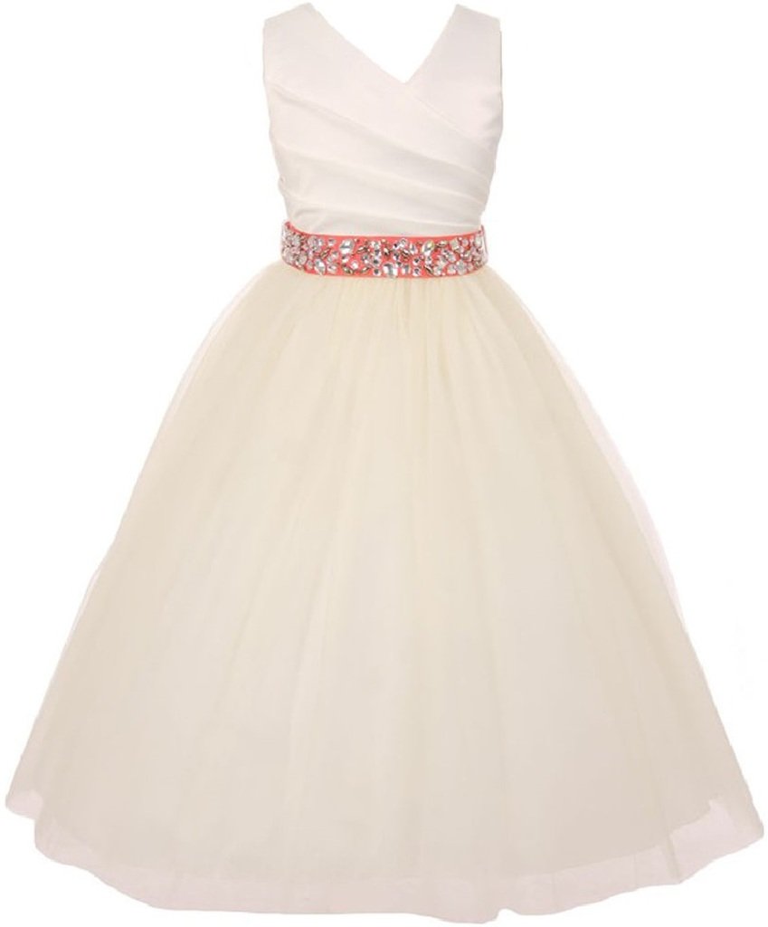 Elegant V-Neck Rhinestone Belt Flower Girl Dress for Little Girls - BluNight Collection | Perfect for Weddings, Parties & Special Occasions