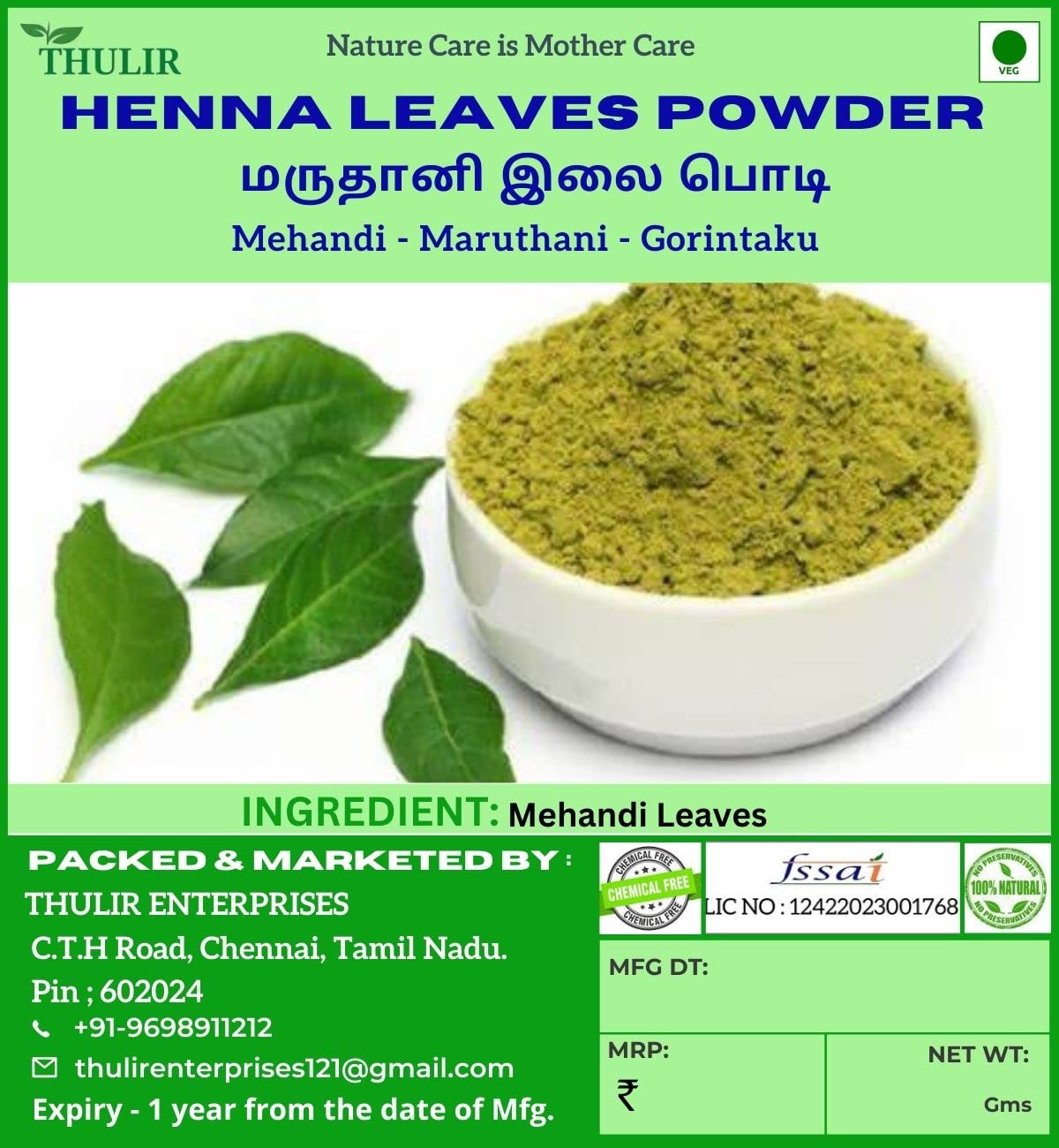 THULIR Organic Henna Powder for Hair - 150g | 100% Natural Mehandi Powder for Hair Coloring & Conditioning | Chemical-Free Herbal Hair Dye | Perfect for DIY Hair Treatments, Bridal Mehendi & Natural Hair Care