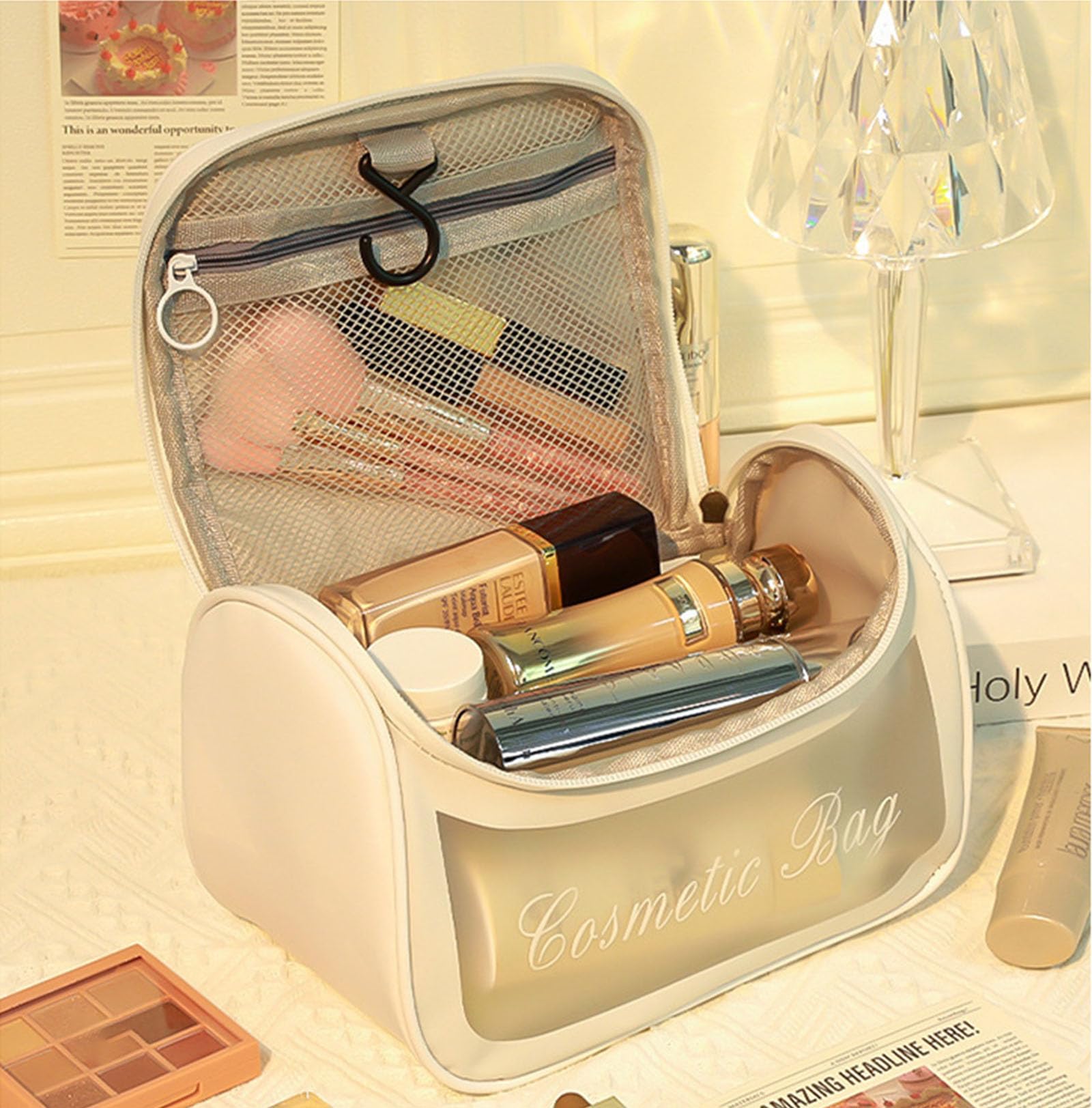 Korean Style Frosted Cosmetic Bag - Large Capacity Waterproof Makeup Organizer, Travel Toiletry Bag with Transparent Design for Easy Visibility (White) - Perfect for Travel, Gym, and Daily Storage Needs