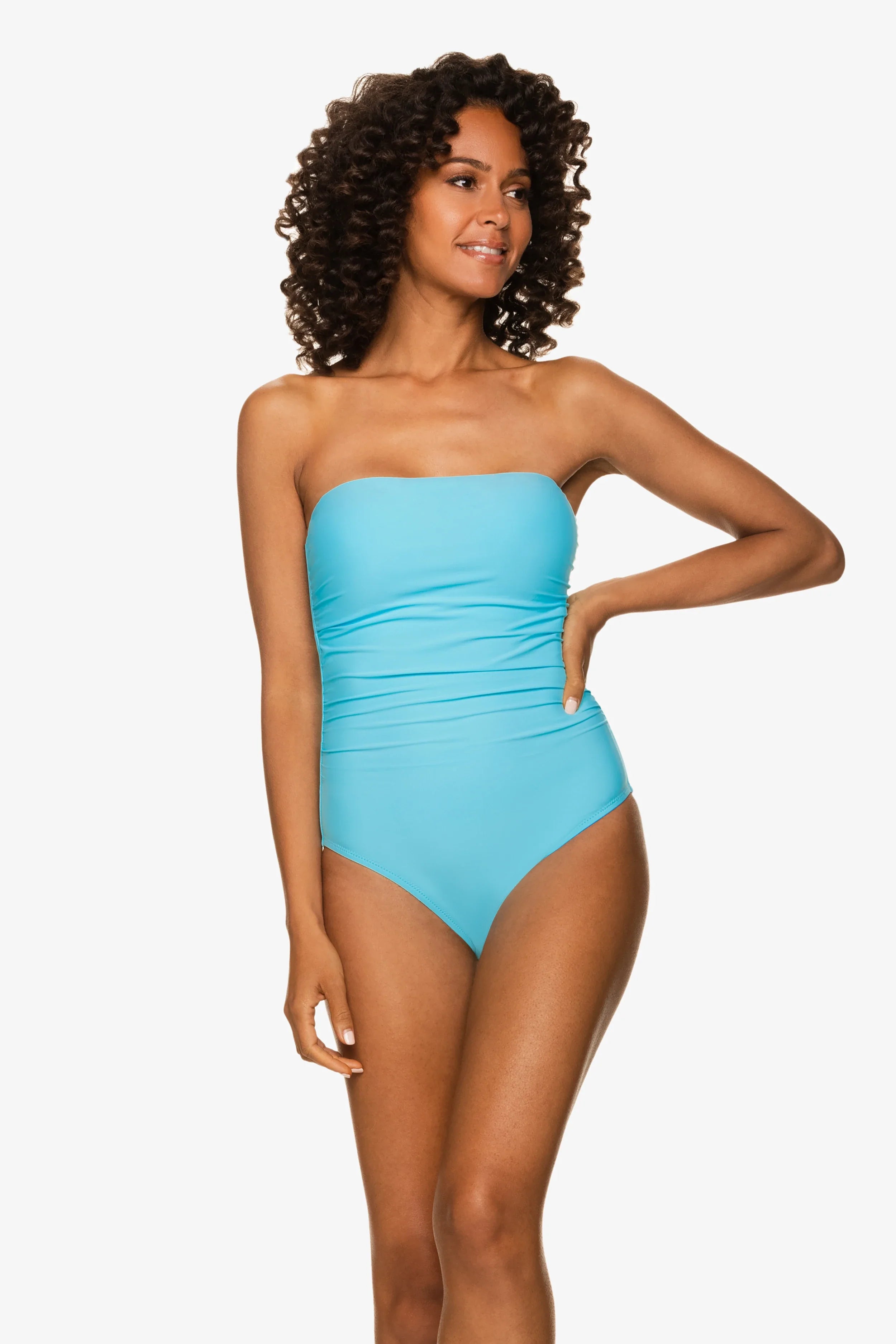Sky Blue Belted Bandeau One Piece Swimsuit - Women's High Waisted Bathing Suit for Beach & Pool | Summer Vacation & Tropical Getaways