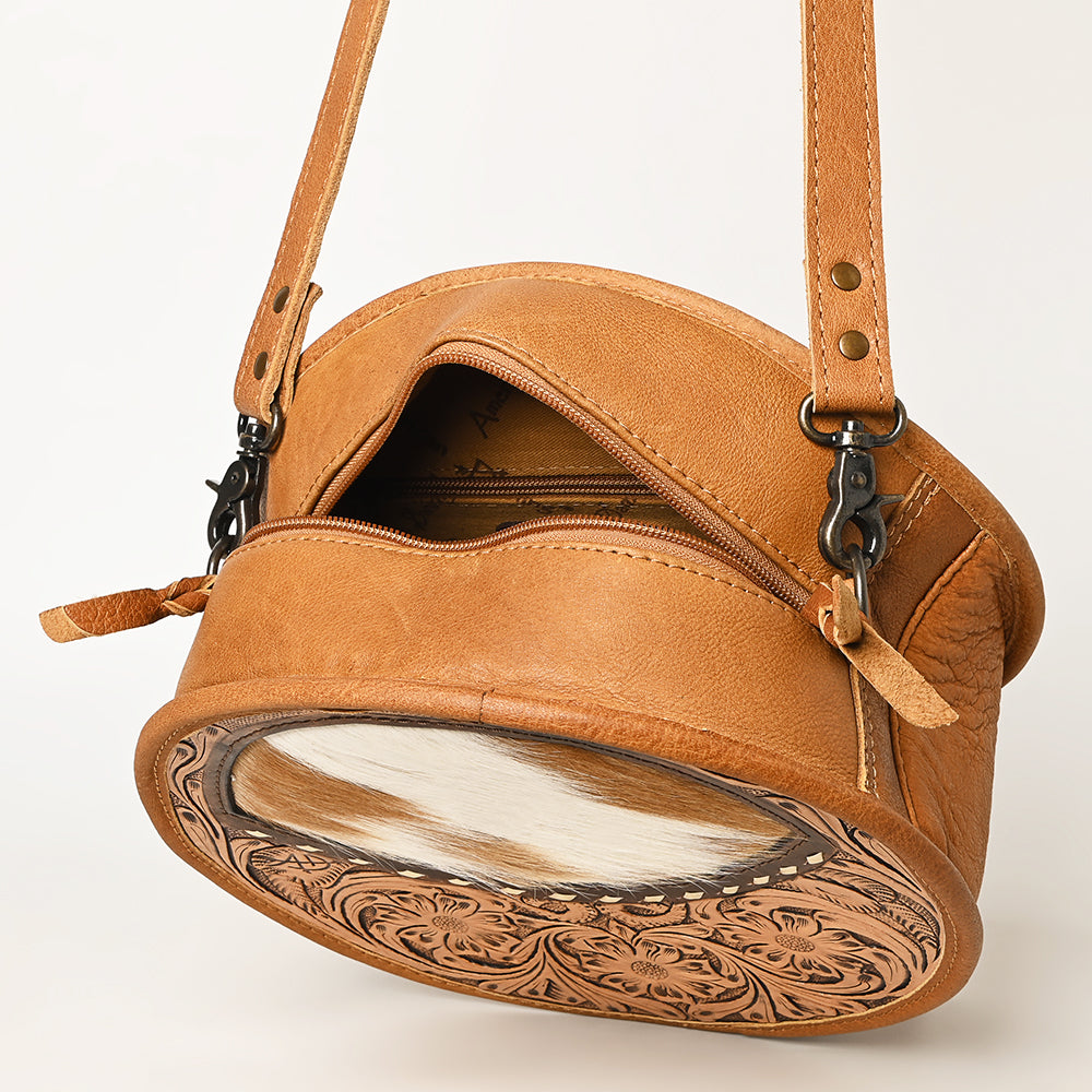 American Darling ADBG563TAW Genuine Leather Women's Western Handbag - Hand Tooled Hair-On Cowhide Canteen Purse for Cowgirl, Rodeo & Country Style Fashion Accessory