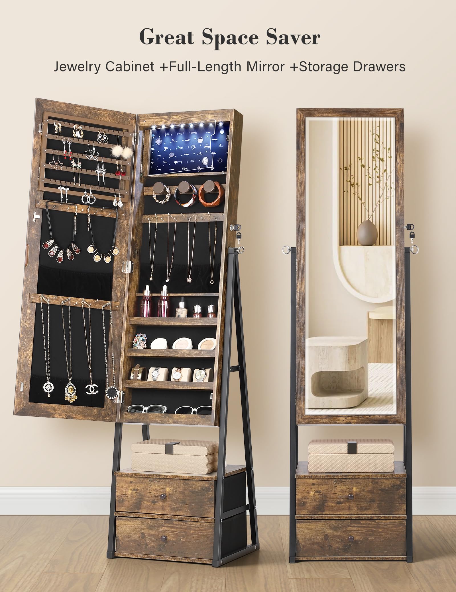 Nicetree Jewelry Cabinet Armoire with 2 Drawers & Lockable Mirror - Full Length Standing Jewelry Storage Organizer in Rustic Brown | Perfect for Bedroom, Dressing Room & Closet Organization
