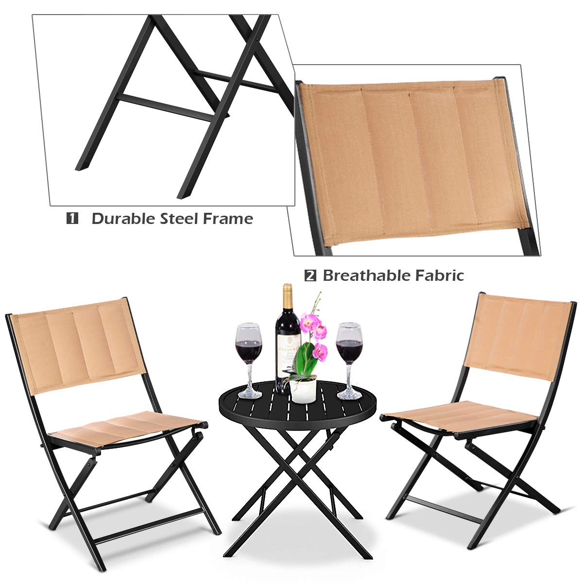 Giantex 3-Piece Patio Folding Table and Chairs Set, Outdoor Bistro Garden Furniture with Steel Frame - Perfect for Backyard, Deck, Balcony, and Poolside Relaxation