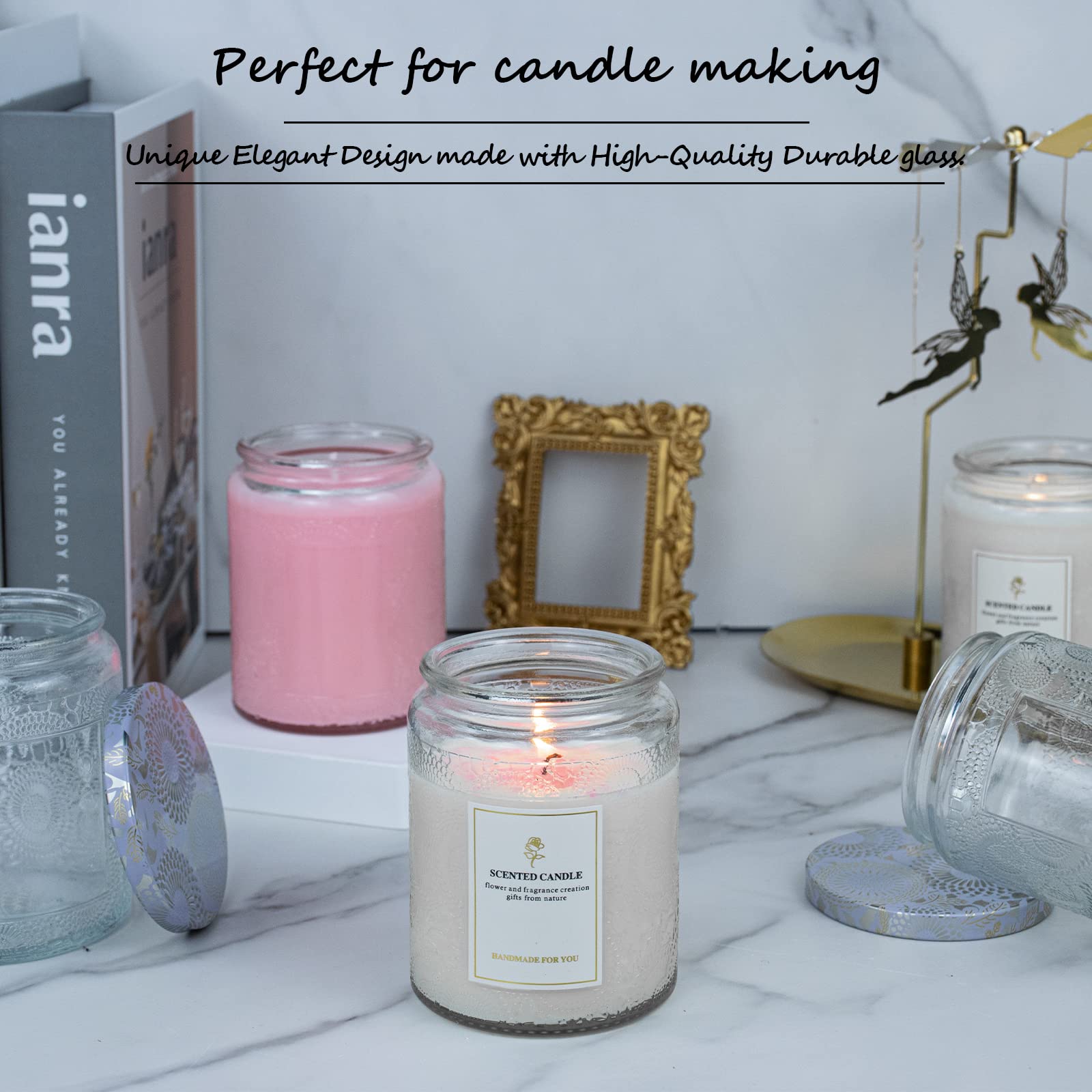 8.8oz (9 Pack) Clear Embossed Glass Candle Jars with Tin Lids - DIY Candle Making Supplies Includes Sticker Labels & Warning Stickers - Perfect for Home Decor, Wedding Favors, and Craft Projects
