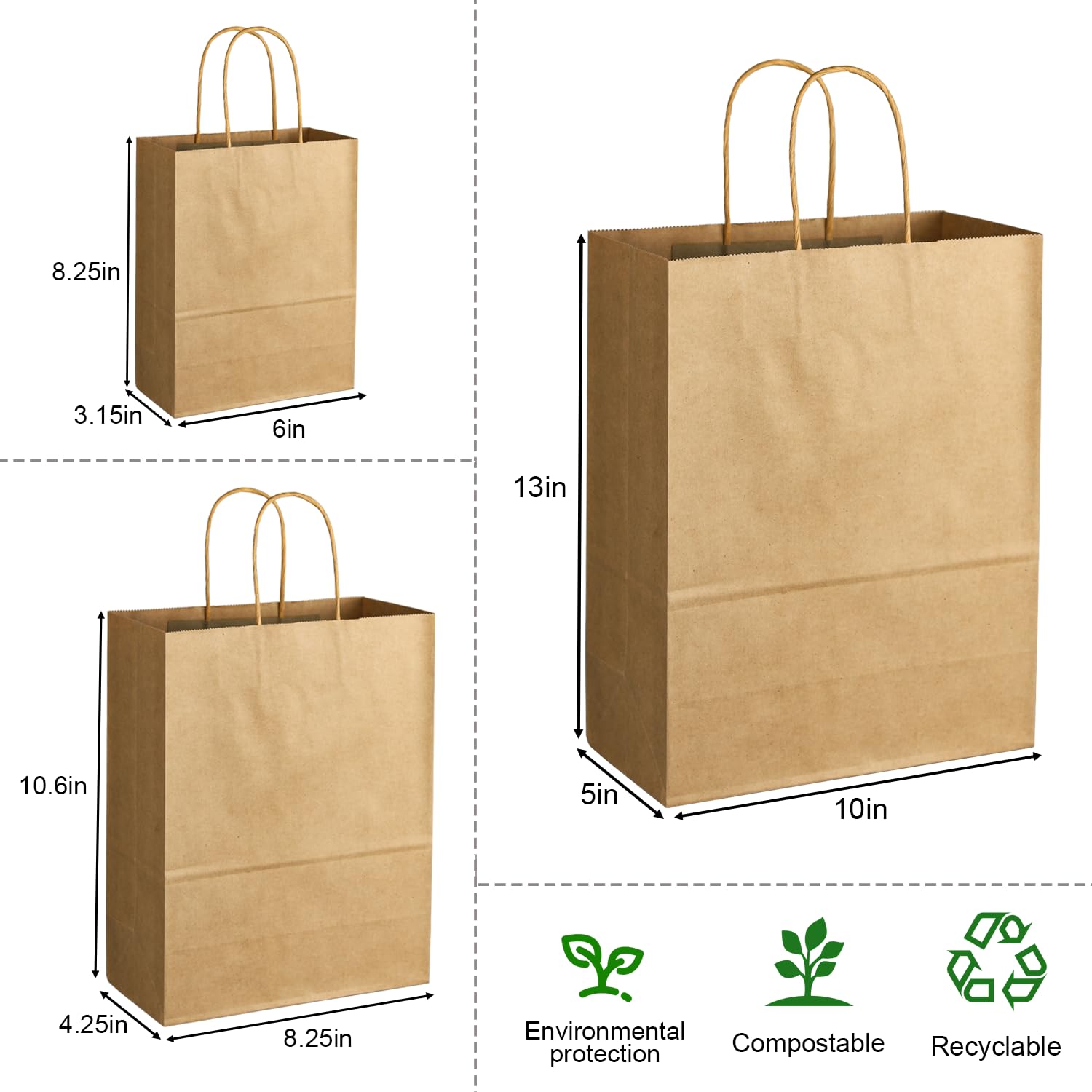 60 Pack Brown Kraft Paper Bags with Handles - Assorted Sizes Bulk Gift Bags for Small Business, Retail & Merchandise - Eco-Friendly Craft Paper Bags for Parties, Weddings & Store Packaging