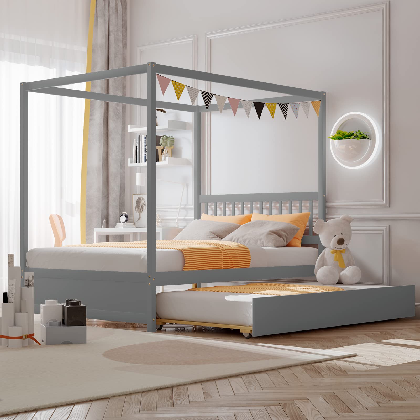 Giantex Full Size Canopy Bed with Trundle - Solid Wood Platform Bed Frame with Headboard for Kids, Boys & Girls - No Box Spring Needed (Grey) | Perfect for Bedrooms, Guest Rooms & Sleepovers