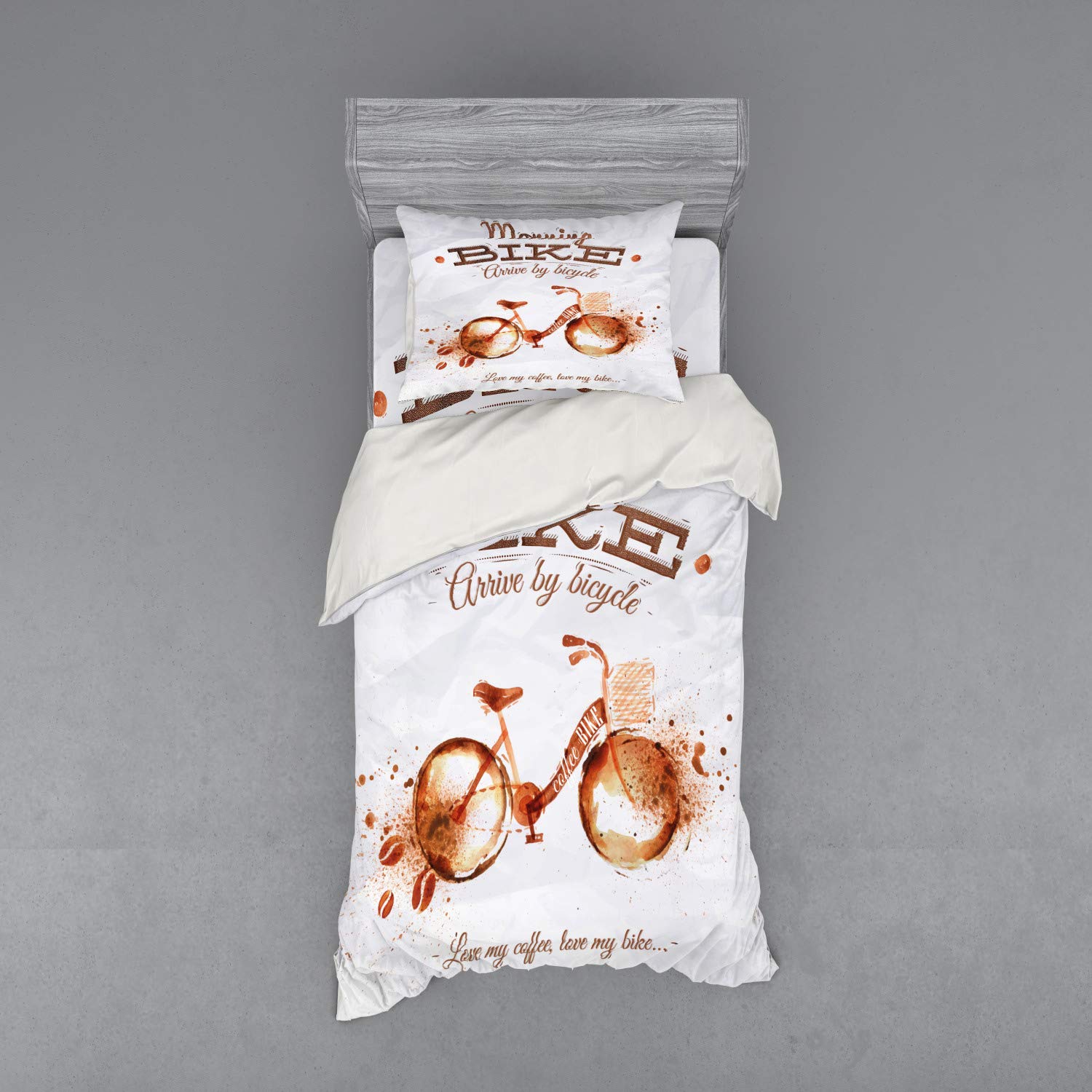 Ambesonne Coffee Art Bedding Set - 3 Piece Duvet Cover with Sham & Fitted Sheet, Twin Size, Dark Orange Chocolate - Coffee Lover Gift, Bike Theme Design for Bedroom Decor | Perfect for Home, Dorm, Apartment & Coffee Enthusiast's Bedroom