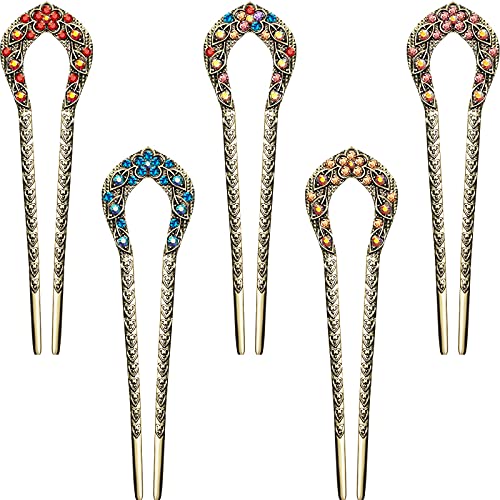 5-Piece Vintage French Hair Pins - U-Shaped Metal Hair Forks with Crystal Rhinestones, Double Prong Hair Sticks for Women & Girls (Elegant Pattern) - Perfect for Weddings, Proms & Formal Updos