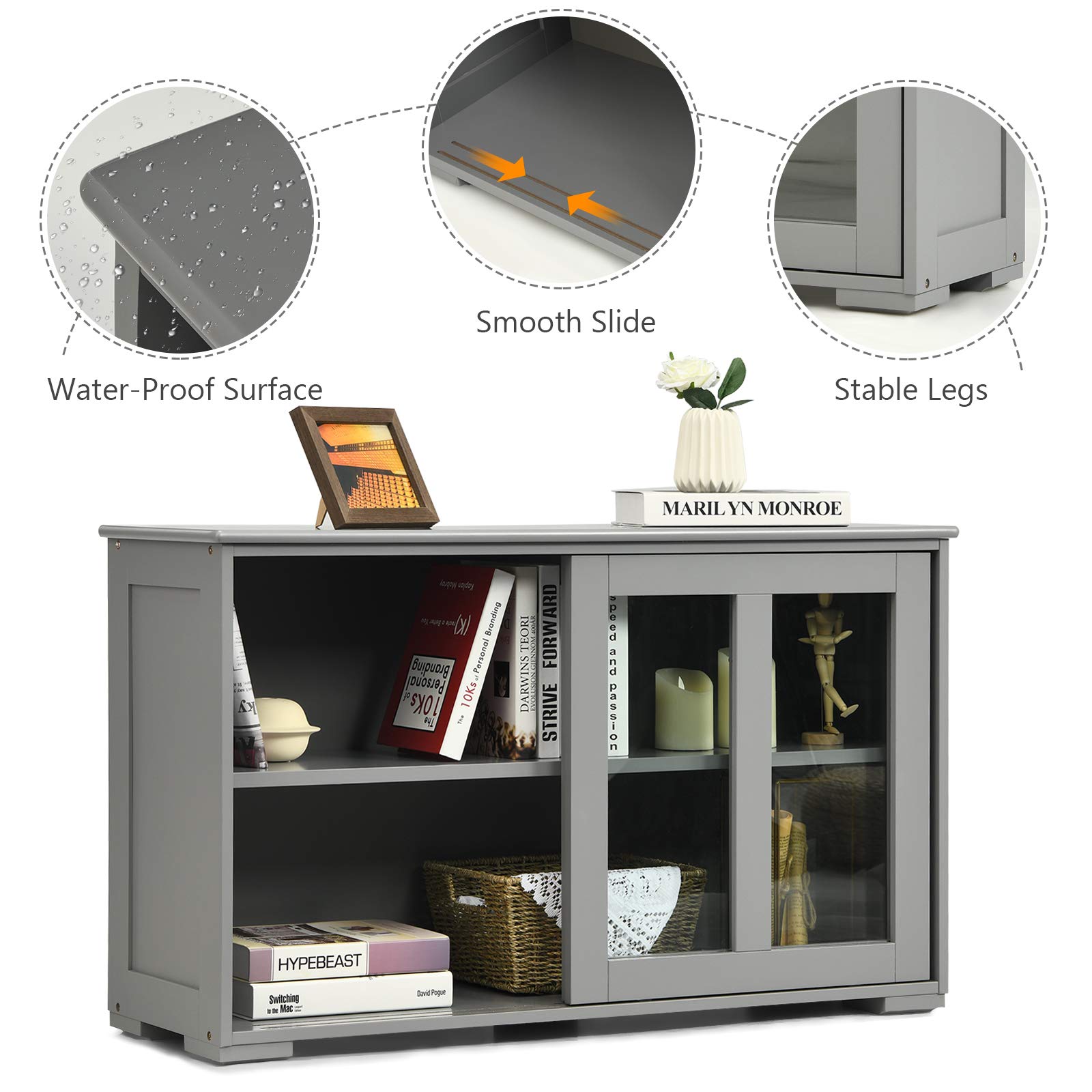 Costzon Wooden Sideboard Buffet Cabinet with Adjustable Shelf & Sliding Glass Doors - Kitchen Storage Cabinet, Coffee Bar Console Table for Living Room, Dining Room, Hallway - Perfect for Home Decor & Entertaining (Grey)
