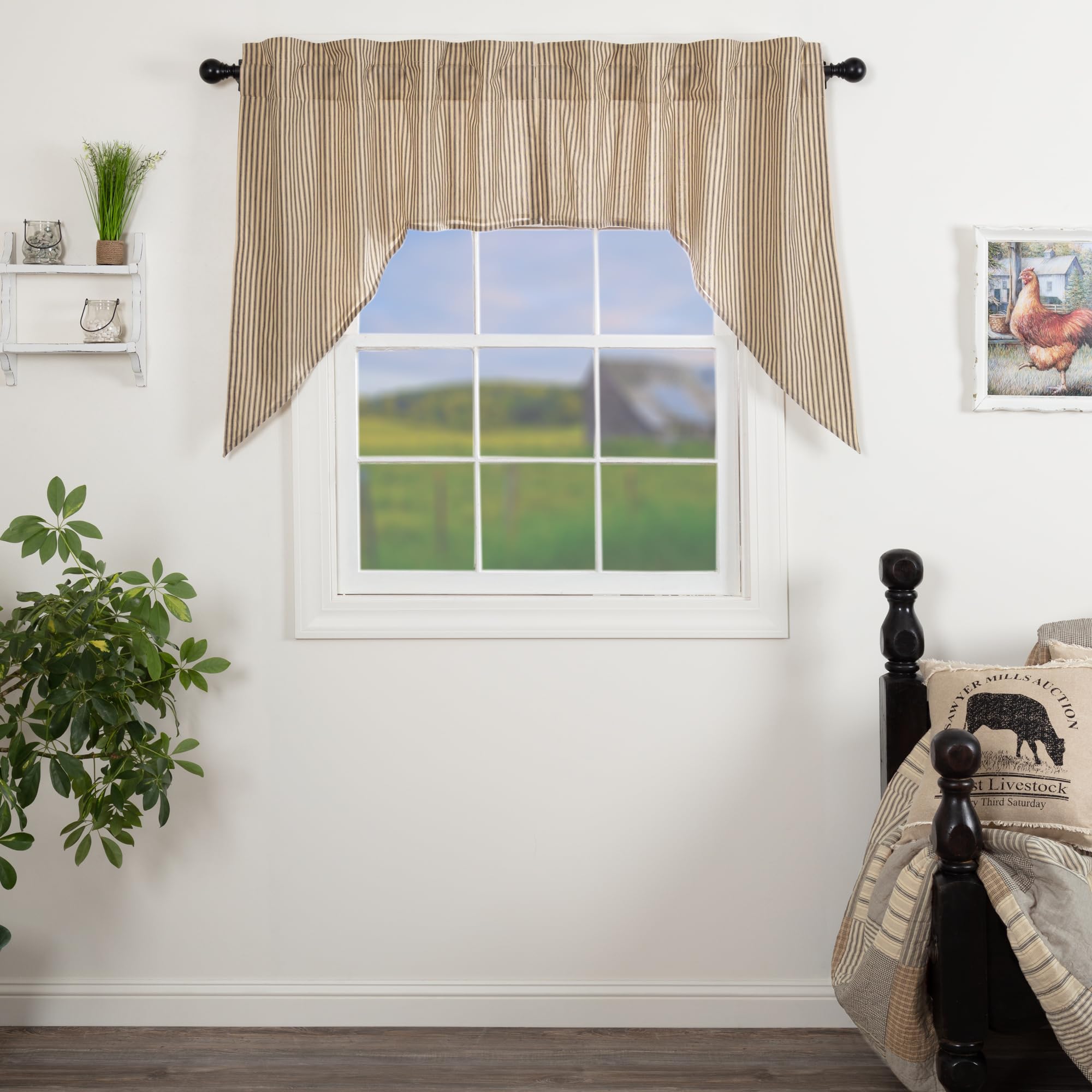 Sawyer Mill Charcoal Swag Set - Farmhouse Country Striped Cotton Lined Curtains - 36 Inch Long Kitchen Drapes for Rustic Home Decor & Cozy Countryside Living