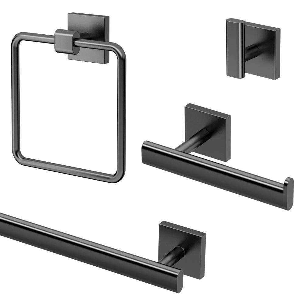 Gatco KA-ELE-4-MB Elevate 4-Piece Bathroom Accessory Set in Matte Black - Modern Towel Bar, Robe Hook & Toilet Paper Holder for Bathroom Decor & Organization