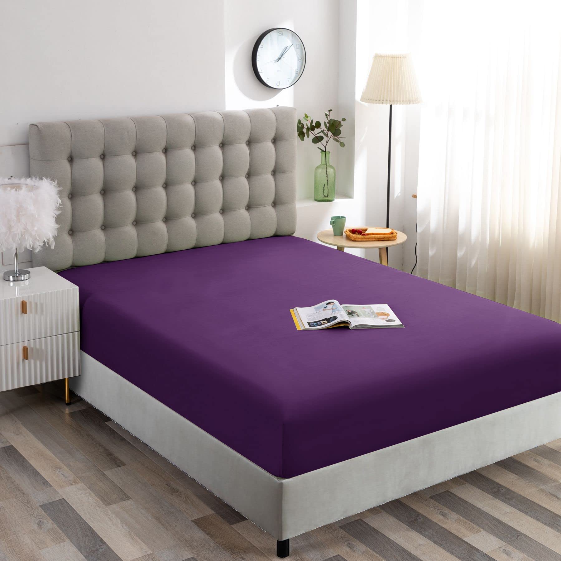 Ghooss Queen Size Fitted Sheet - Soft Microfiber Deep Pocket (14 Inch) Purple Bottom Sheet - 1 Pack | Perfect for Guest Rooms, Dorms & Master Bedrooms