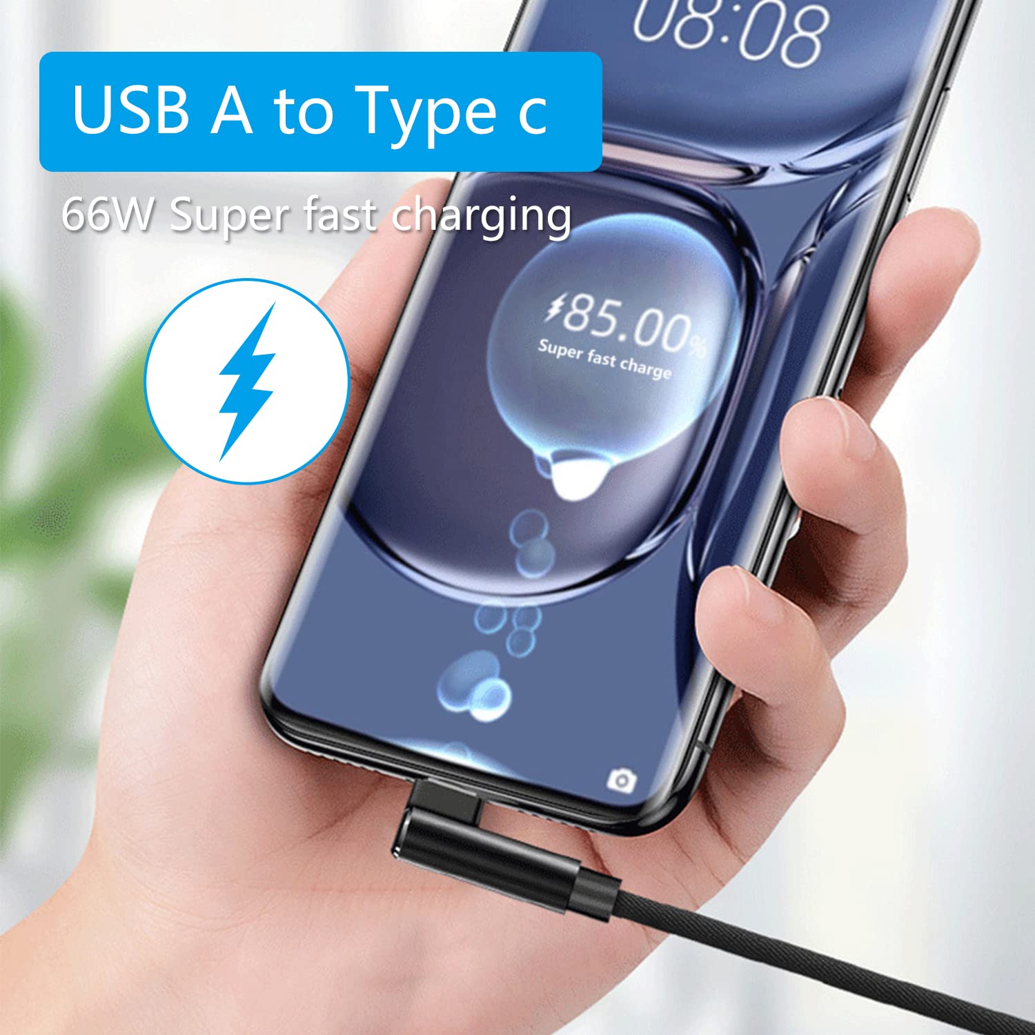 90 Degree USB A to USB C Cable 6.6ft - 66W 6A Fast Charging & Data Transfer Braided Cable - Compatible with Samsung Galaxy, Huawei, iPhone 15, Pixel, iPad - Perfect for Home, Office & Travel Charging