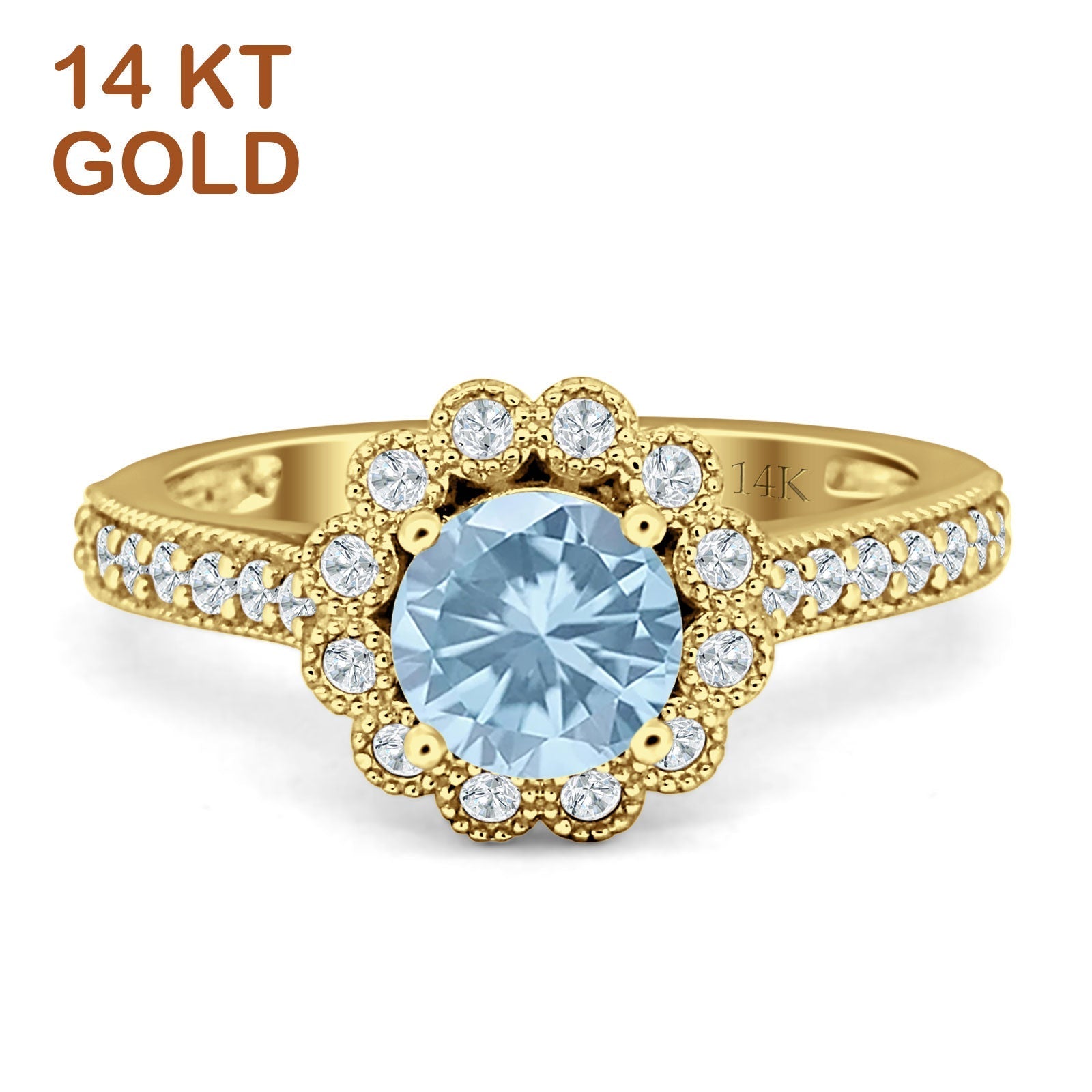 14K Yellow Gold Round Aquamarine CZ Vintage Style Flower Ring for Women - Elegant Bridal, Engagement, Anniversary Gift Jewelry - Perfect for Weddings, Parties & Special Occasions