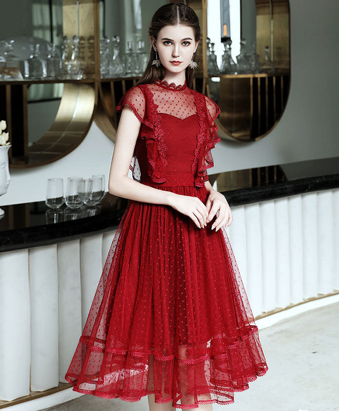 Elegant Burgundy Tulle Lace Short Prom Dress for Homecoming, Sweet 16, Quinceañera & Formal Parties - Plus Size Options Available
