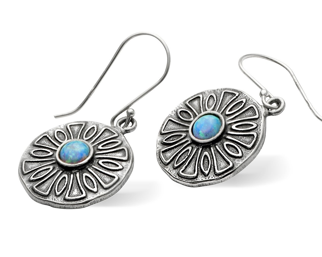 Vintage Style 925 Sterling Silver Round Blue Fire Opal Dangle Earrings for Women, Elegant Handmade Jewelry Gift for Party, Wedding & Evening Events