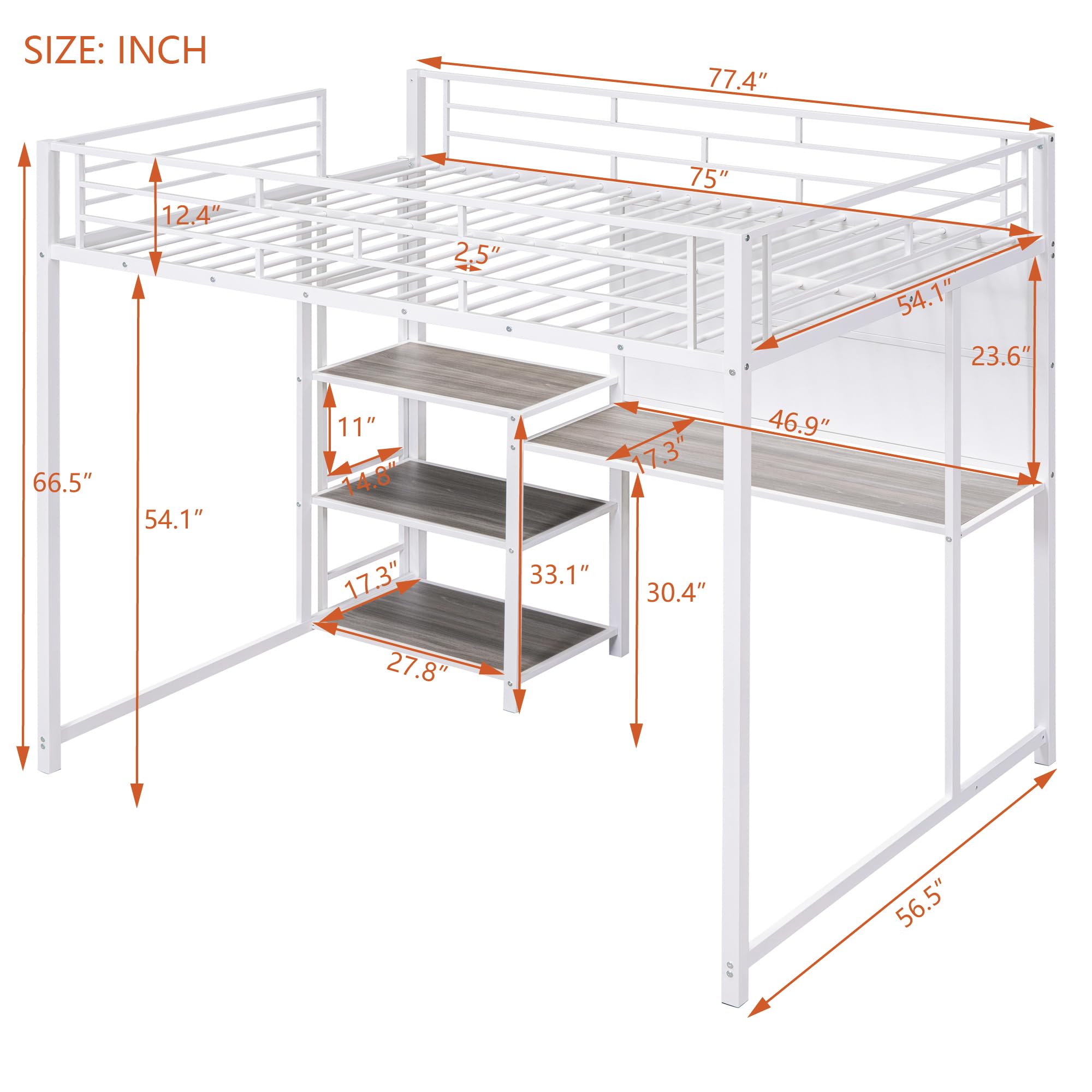 Full Size Loft Bed with Study Desk & Storage - Sturdy Metal Frame, Built-in Whiteboard & Ladder - Space-Saving Solution for Small Rooms, Dorms & Apartments (White)