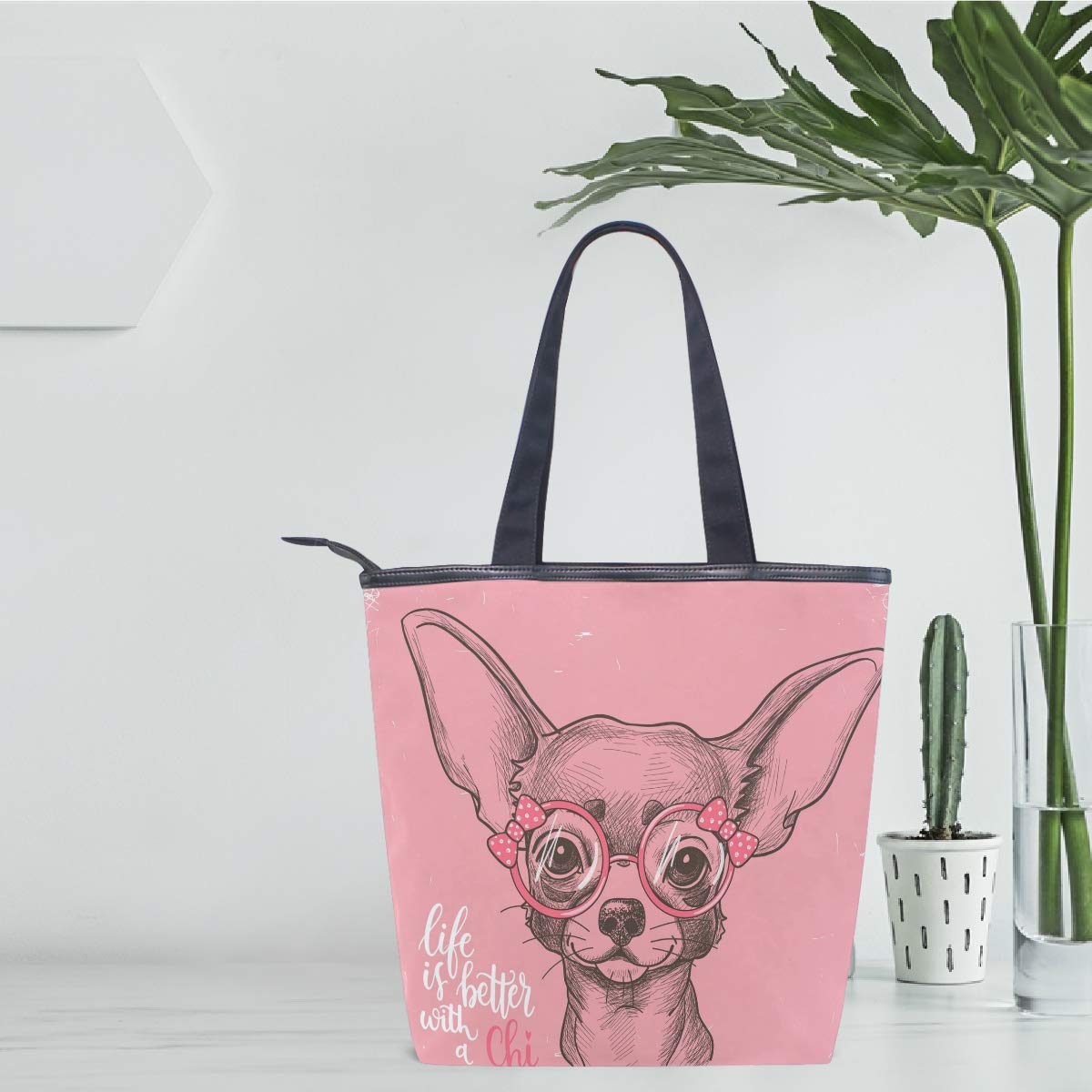 Stylish Pink Chihuahua Dog Print Canvas Tote Bag with Bow, Glasses & Star Heart Design - Reusable Zippered Shoulder Handbag for Women & Girls | Perfect for Grocery Shopping, Beach Trips & Casual Outings