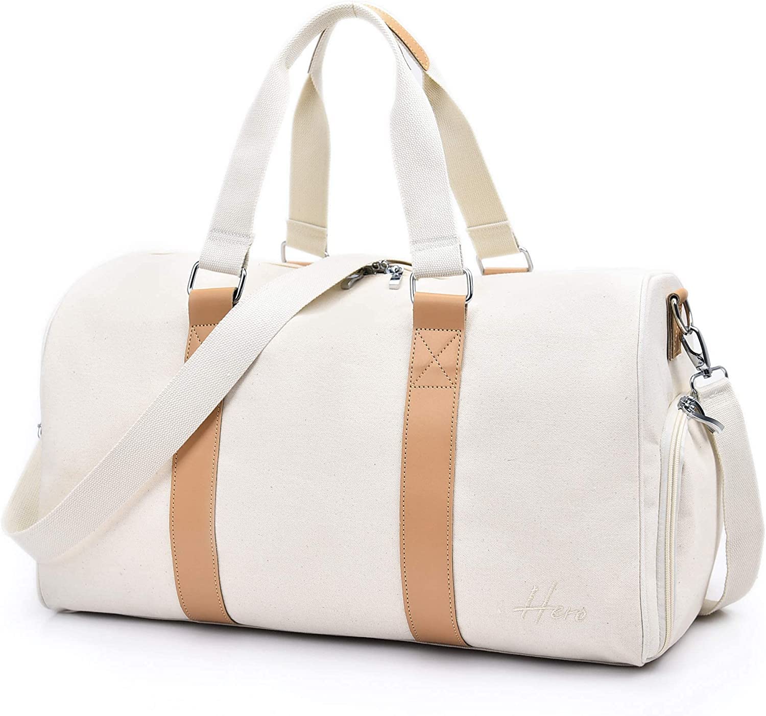 Stylish Women's Weekender Travel Bag - Cute Canvas Duffle Overnight Bag with Shoe Compartment | Perfect Carry-On for Weekend Getaways, Gym Trips & Air Travel | White Small Duffel Bag for Women