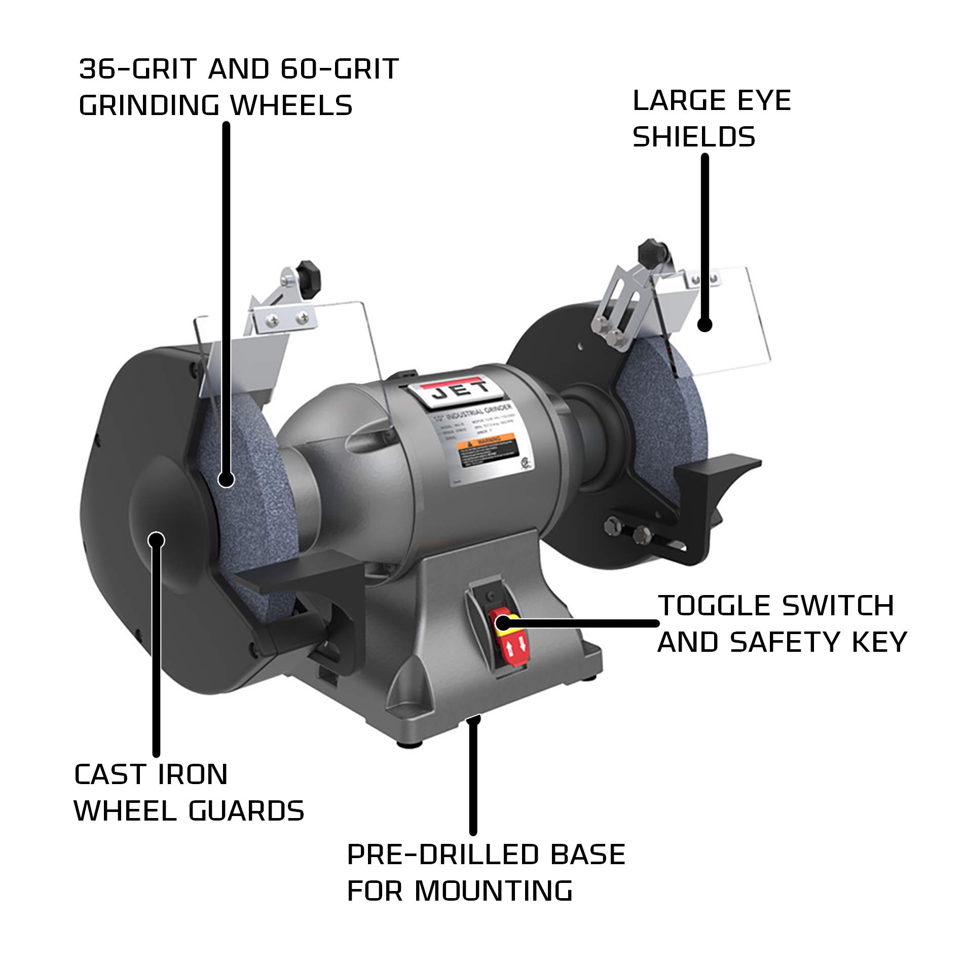 JET IBG-10 10-Inch Industrial Bench Grinder - 1.5 HP Motor, 1800 RPM, 115V Single Phase - Perfect for Metalworking, Sharpening Tools & DIY Projects