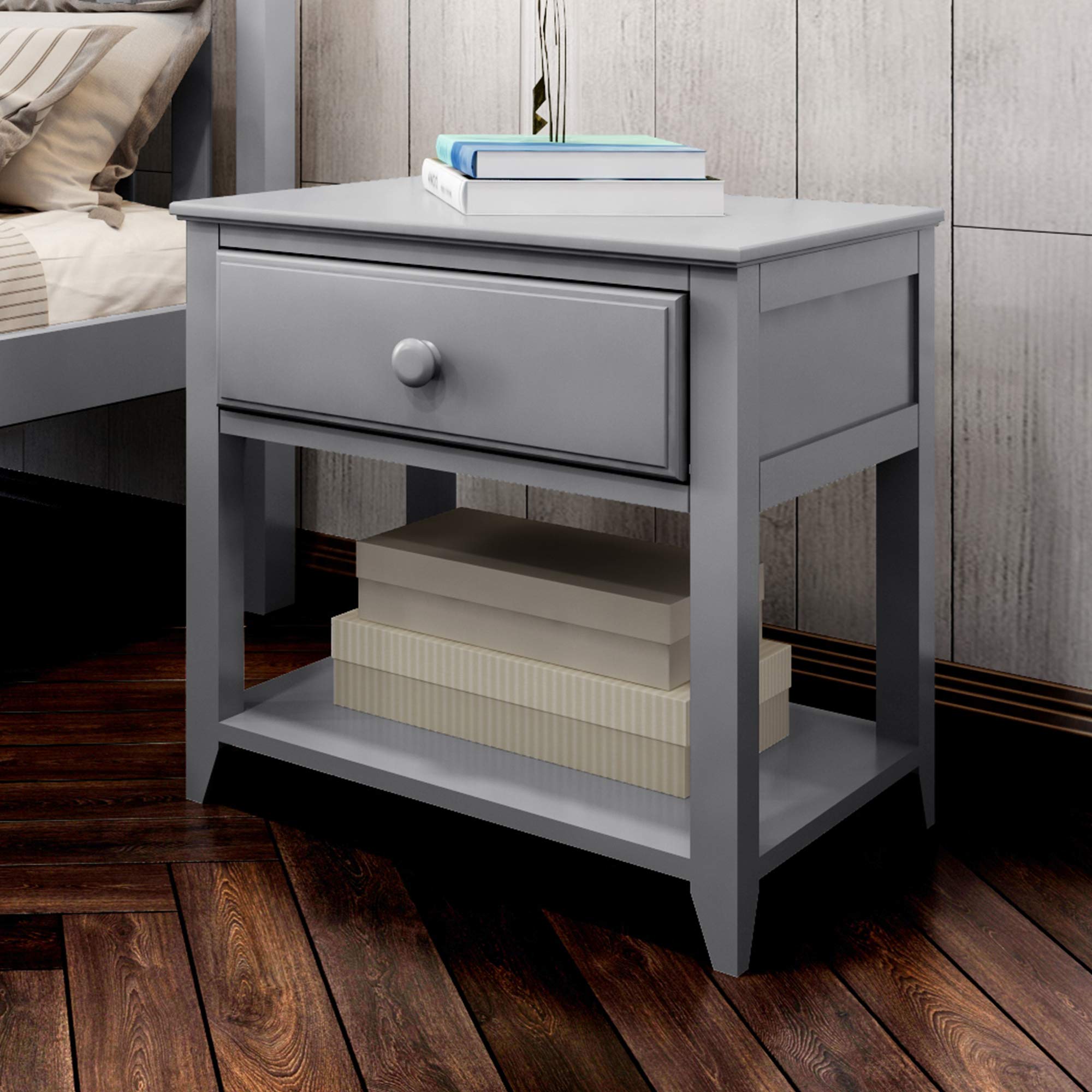 Plank+Beam Modern Nightstand with Drawer and Open Shelf - Grey Wood Bedside Table for Bedroom, Living Room & Office Storage
