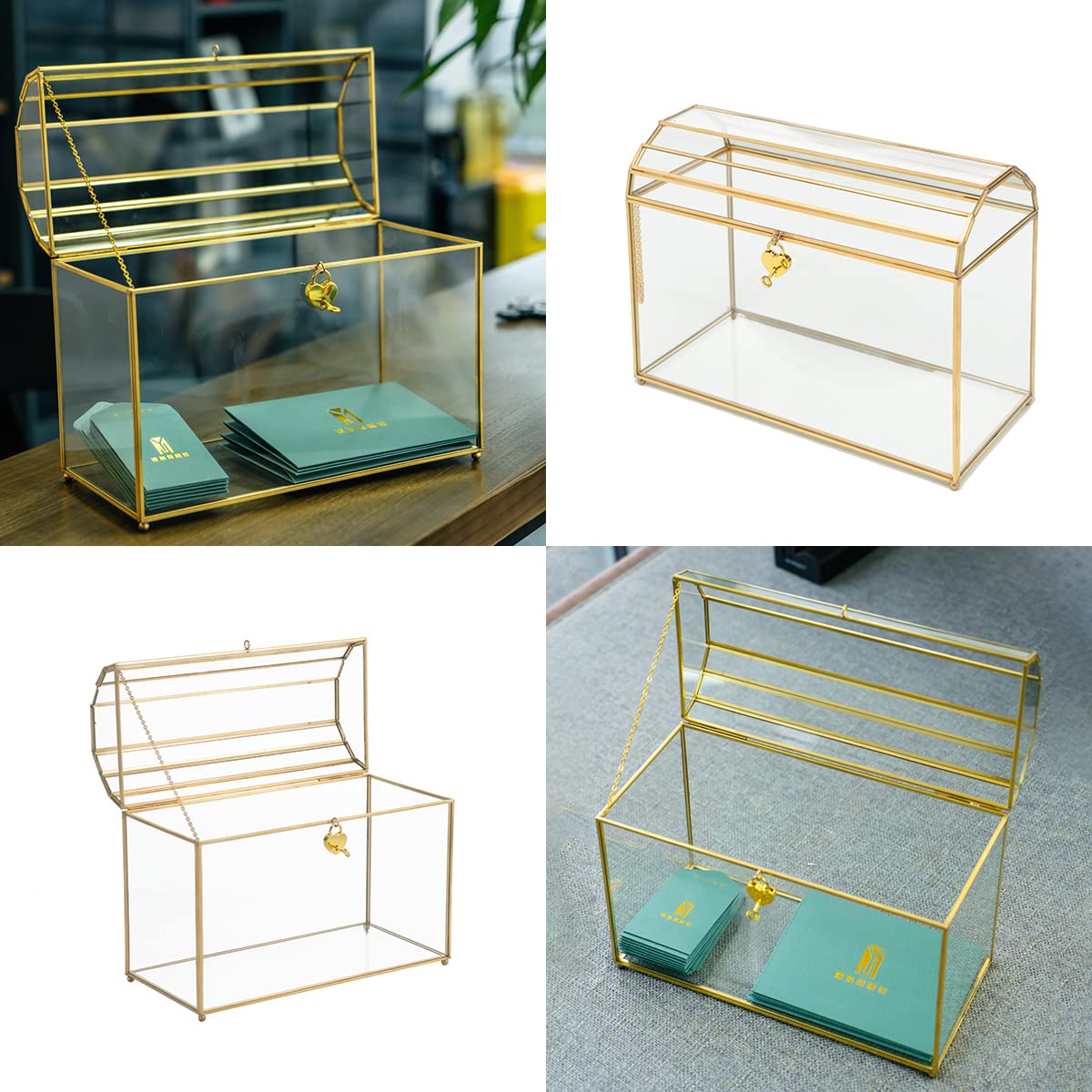 Elegant Gold Wedding Card Box with Slot & Lock - Glass & Brass Gift Holder for Wedding, Bridal Shower, Baby Shower - Secure Money & Envelope Storage for Reception Decor