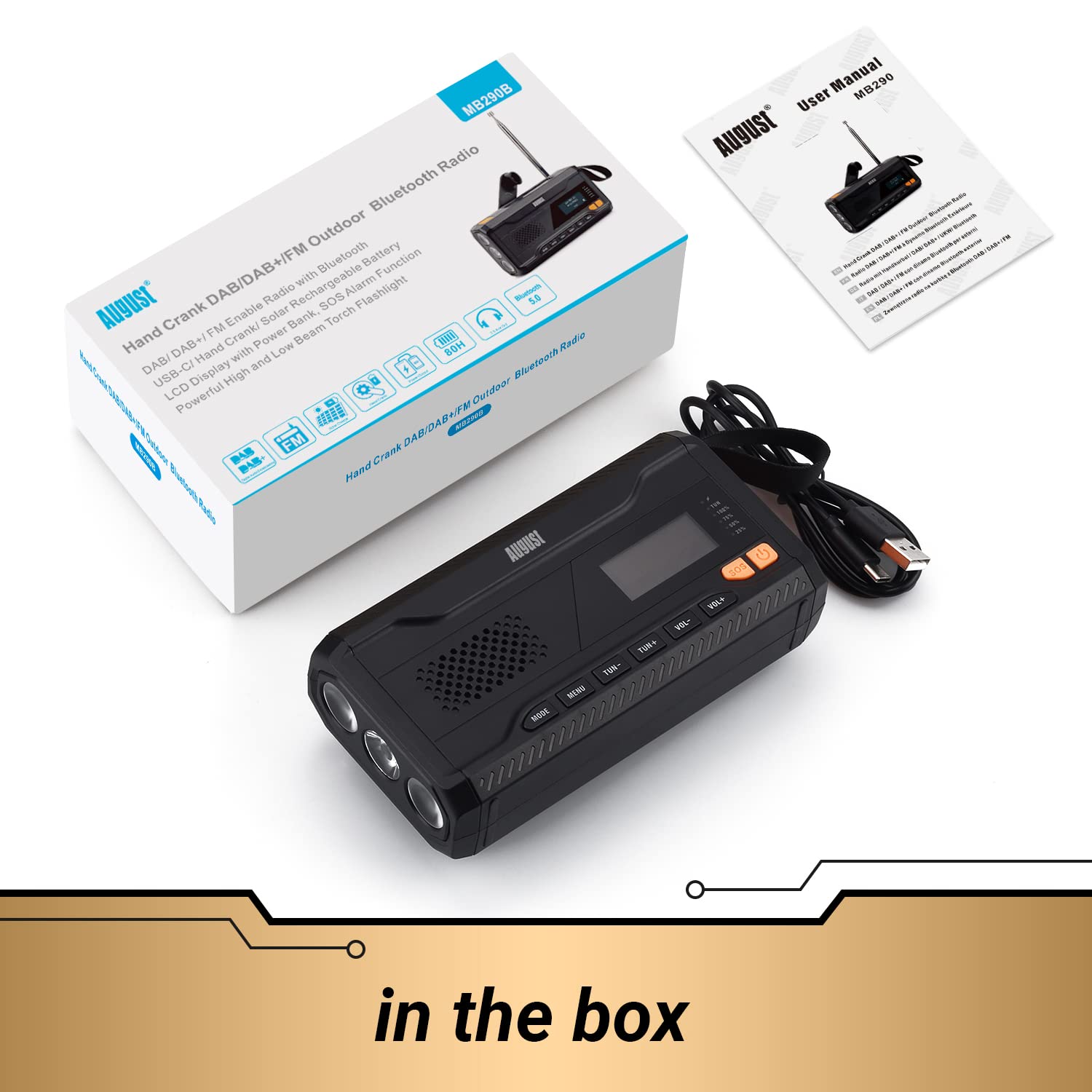 August MB290B Portable Emergency Hand Crank Radio with FM/DAB/Bluetooth, 4500mAh Power Bank, USB Phone Charger, Flashlight & SOS Light - Perfect for Camping, Hiking, Outdoor Adventures & Emergency Preparedness - Black