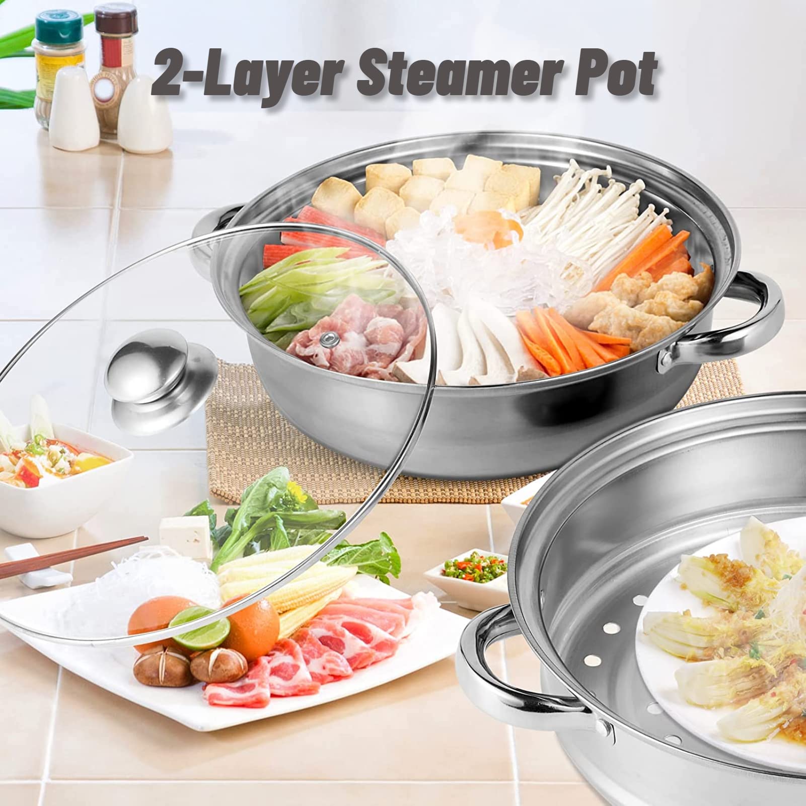 2-Layer Stainless Steel Steamer Pot Cooker with Tempered Glass Lid - Double Boiler for Cooking, Steaming & Melting - Compatible with Gas, Induction, Oven & Grill Stove - Perfect for Home Kitchen, Restaurant & Outdoor Cooking