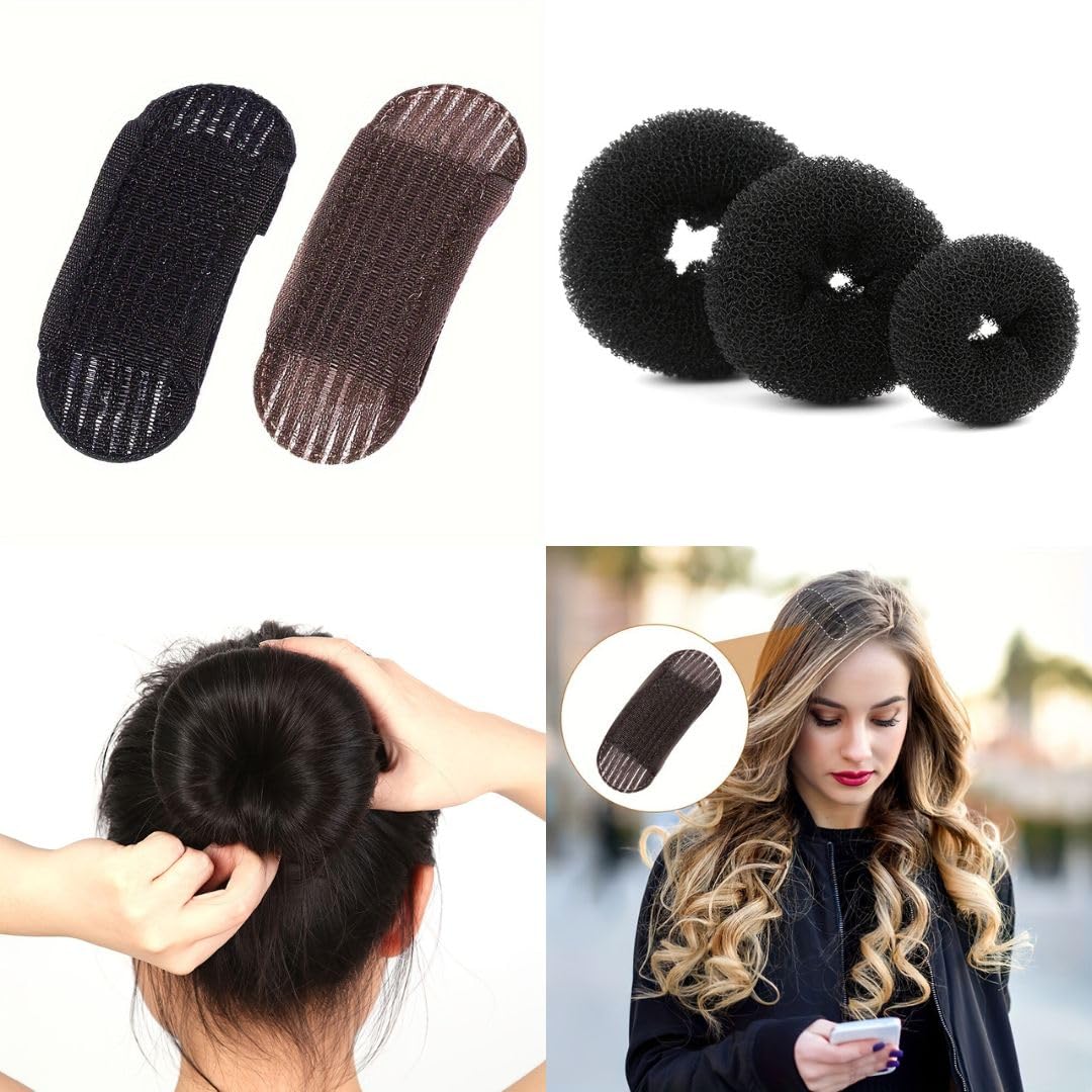Black Hair Donut Bun Maker Set - 3 Pcs Hair Styling Donuts & 2 Pcs Volume Boosting Sponge Clips for Perfect Buns & Updos | Easy-to-Use Hair Accessories for Women | Great for Parties, Weddings & Everyday Styling