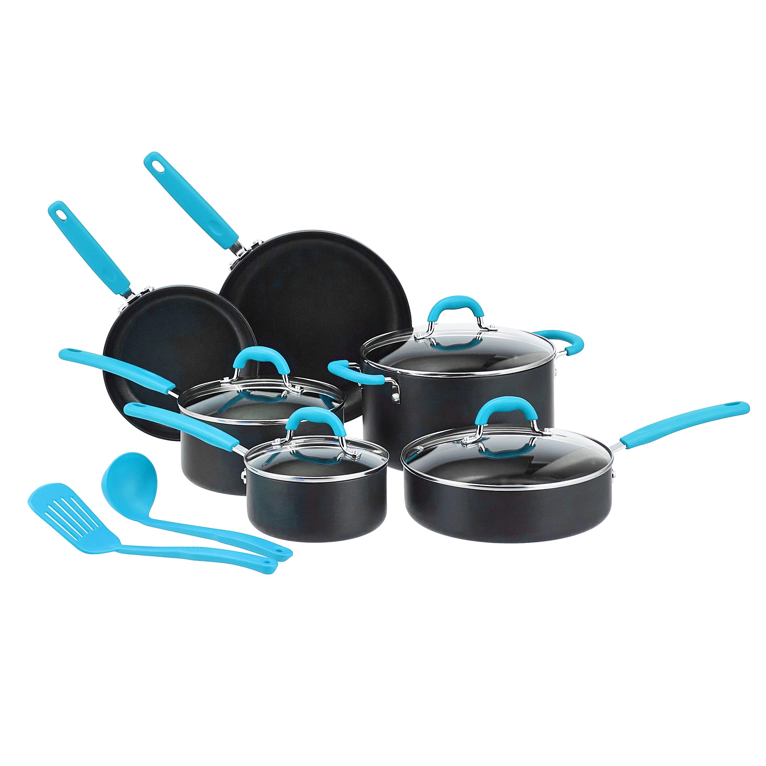 Amazon Basics Hard Anodized Non-Stick 12-Piece Cookware Set - Turquoise Pots, Pans & Kitchen Utensils for Cooking, Baking & Serving | Durable & Scratch-Resistant for Everyday Use