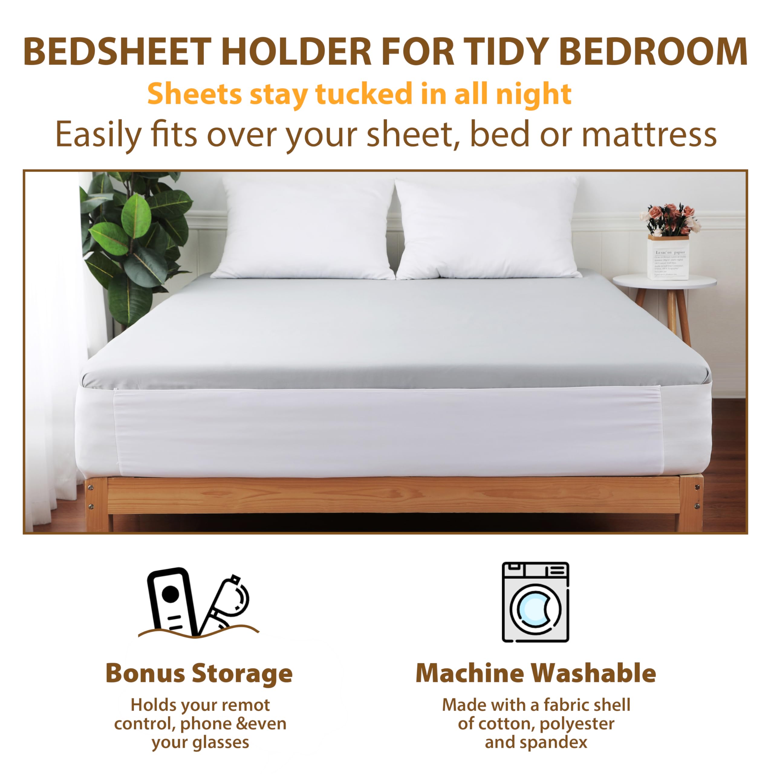Premium Bed Sheet Holder & Fasteners Set - Strong Mattress Corner Grippers with Bed Lifter - Elastic Fitted Sheet Clips & Straps for Queen Size Beds - Secure Sheets for Better Sleep & Comfortable Bedroom