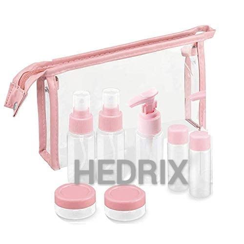 HEDRIX 9-Piece Multi-Purpose Clear Plastic Travel Bottles Set - Refillable Cosmetic Containers for Toiletries, Liquids, Press Spray & Jars (Multi-Color) - Perfect for Air Travel, Gym, Camping & Home Organization