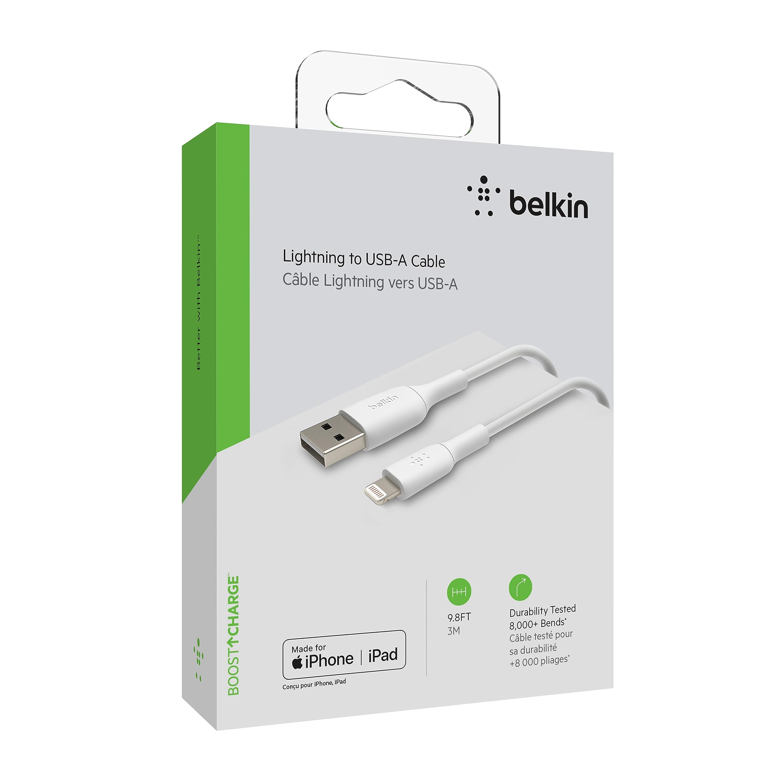 Belkin BoostCharge 3M MFi Certified Lightning Cable for iPhone - Fast Charging USB to Lightning Cord - Durable 9.8ft iPhone Charger Cable (White) - Perfect for Home, Office & Travel Charging