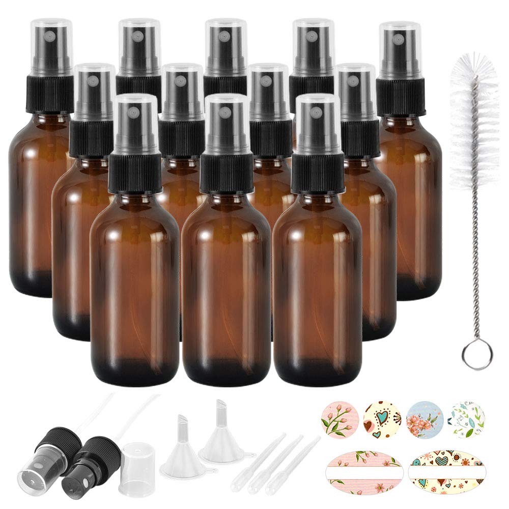 12 Pack 2oz (60ml) Amber Glass Spray Bottles with Fine Mist Sprayer & Dust Cap - Essential Oil Bottles, Perfume Atomizers, Cleaning Solution Containers - Includes 1 Brush, 2 Extra Sprayers, 2 Funnels, 3 Droppers & 24 Labels - Perfect for DIY Beauty, Aromatherapy, Home Cleaning & Travel Toiletries