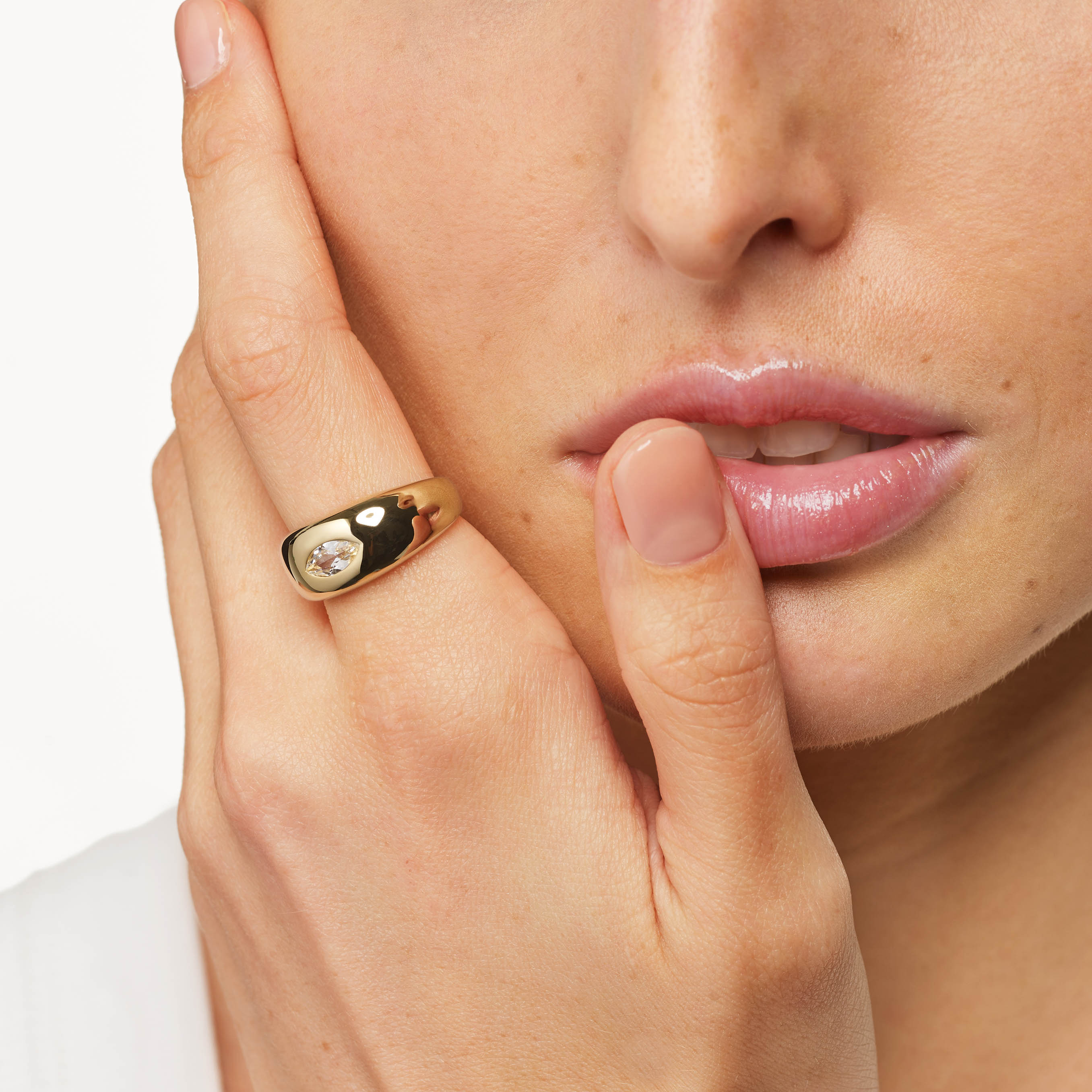 White Topaz Marquise Curve Pinky Ring in Gold - Elegant Women's Fashion Jewelry for Parties, Weddings & Special Occasions