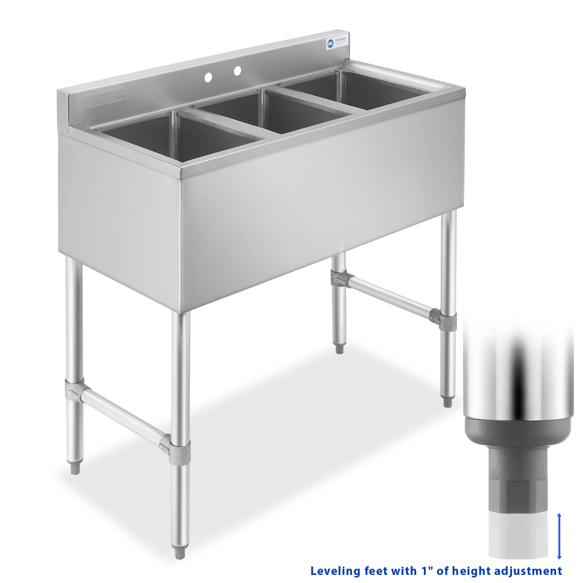 GRIDMANN 3-Compartment NSF Certified Stainless Steel Commercial Bar Sink - 10
