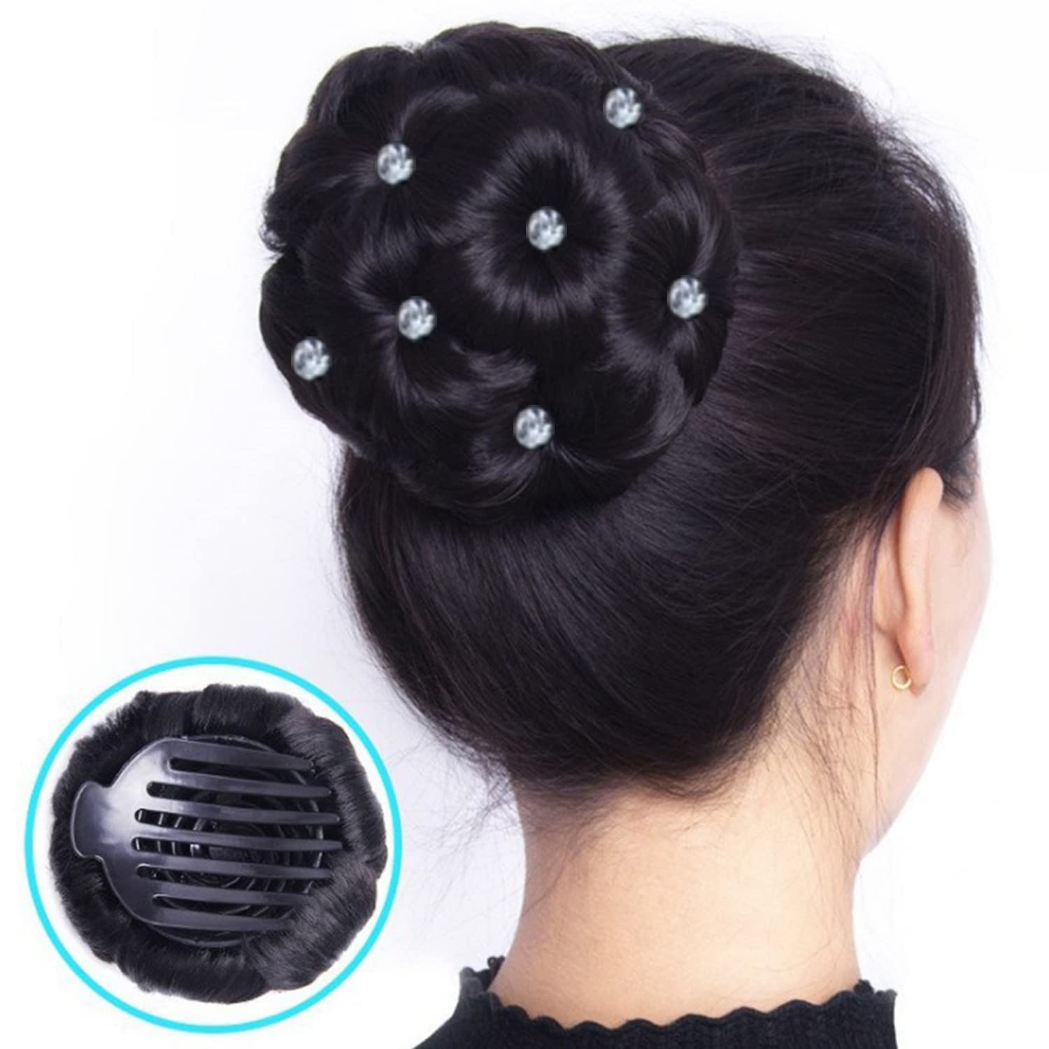 DELUXE Synthetic Natural Black Hair Extension Clip with White Stones - Hair Clutch for Women | Perfect for Parties, Weddings & Everyday Styling