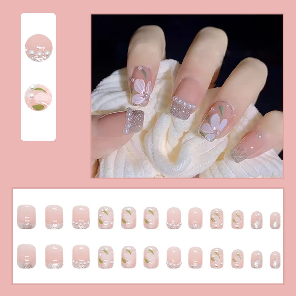 Pink Flower Press on Nails Short Fake Nails with White Pearl Design - Glossy Coffin Artificial Nails for Women & Girls (24PCS) - Perfect for Summer, Parties, Weddings & Everyday Wear
